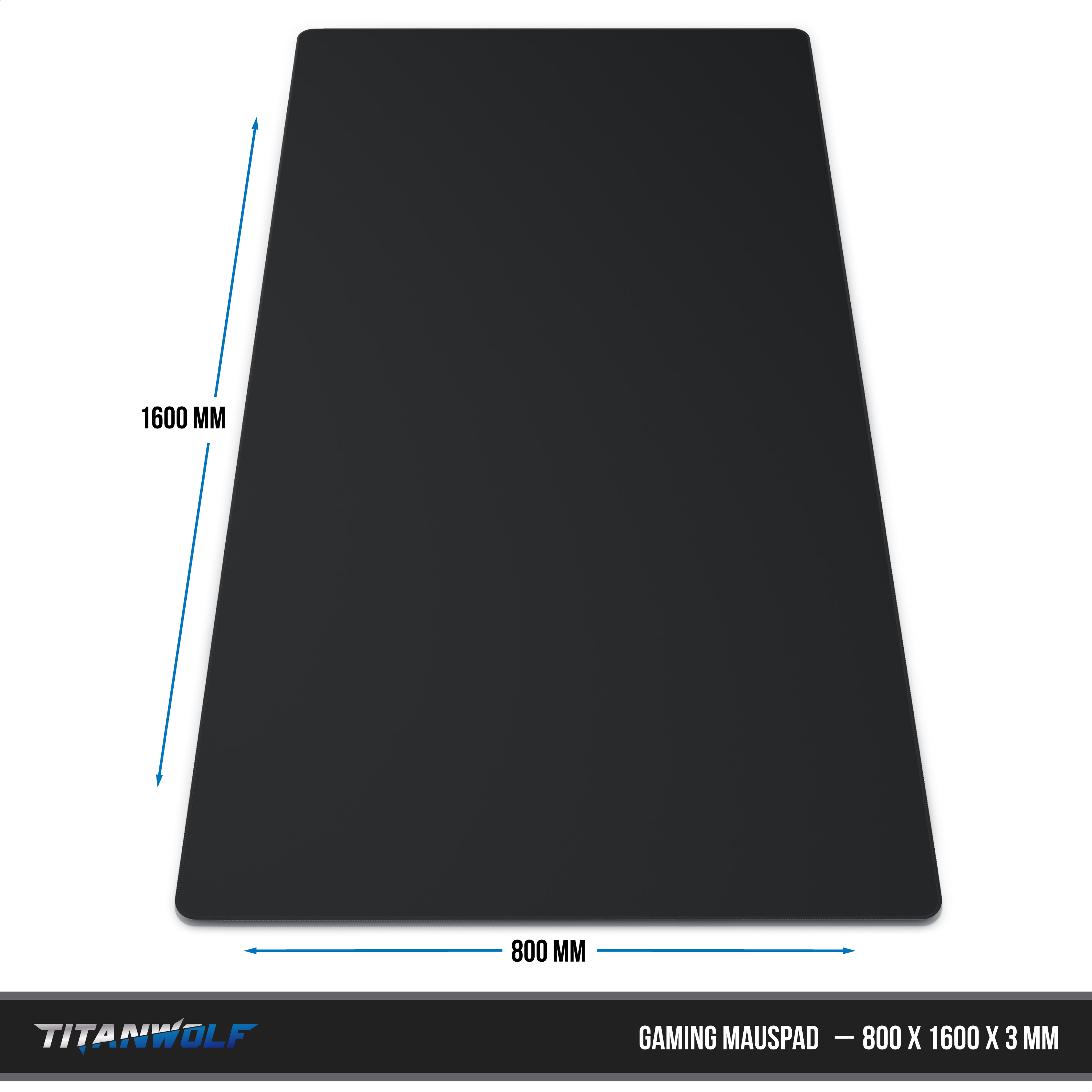 Schwarzes Gaming-Mauspad mit den Maßen 1600 x 800 mm. Text unten: 'Gaming Mauspad'.