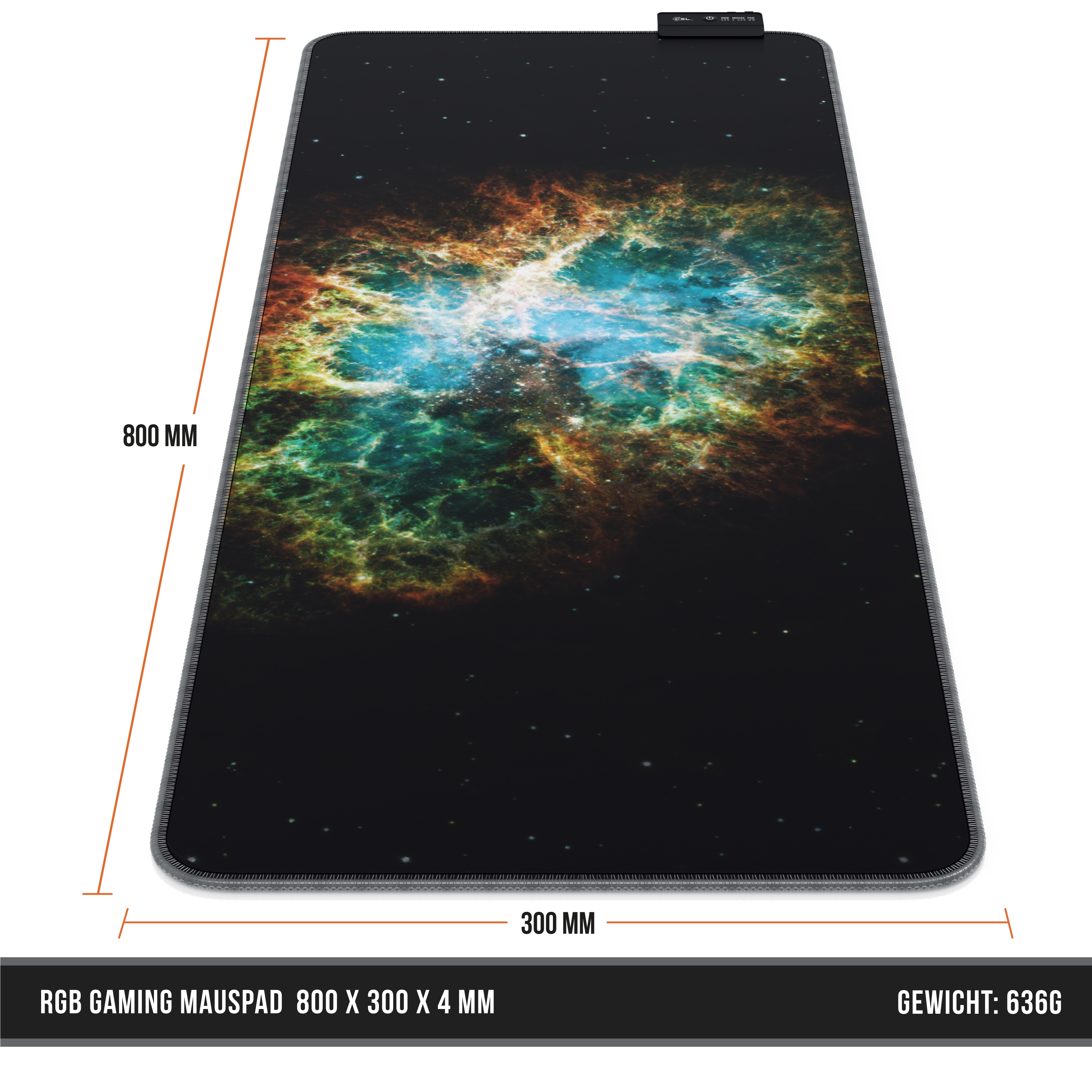 Gaming-Mauspad mit Nebel-Design. Abmessungen: 800x300x4mm. Text unten.