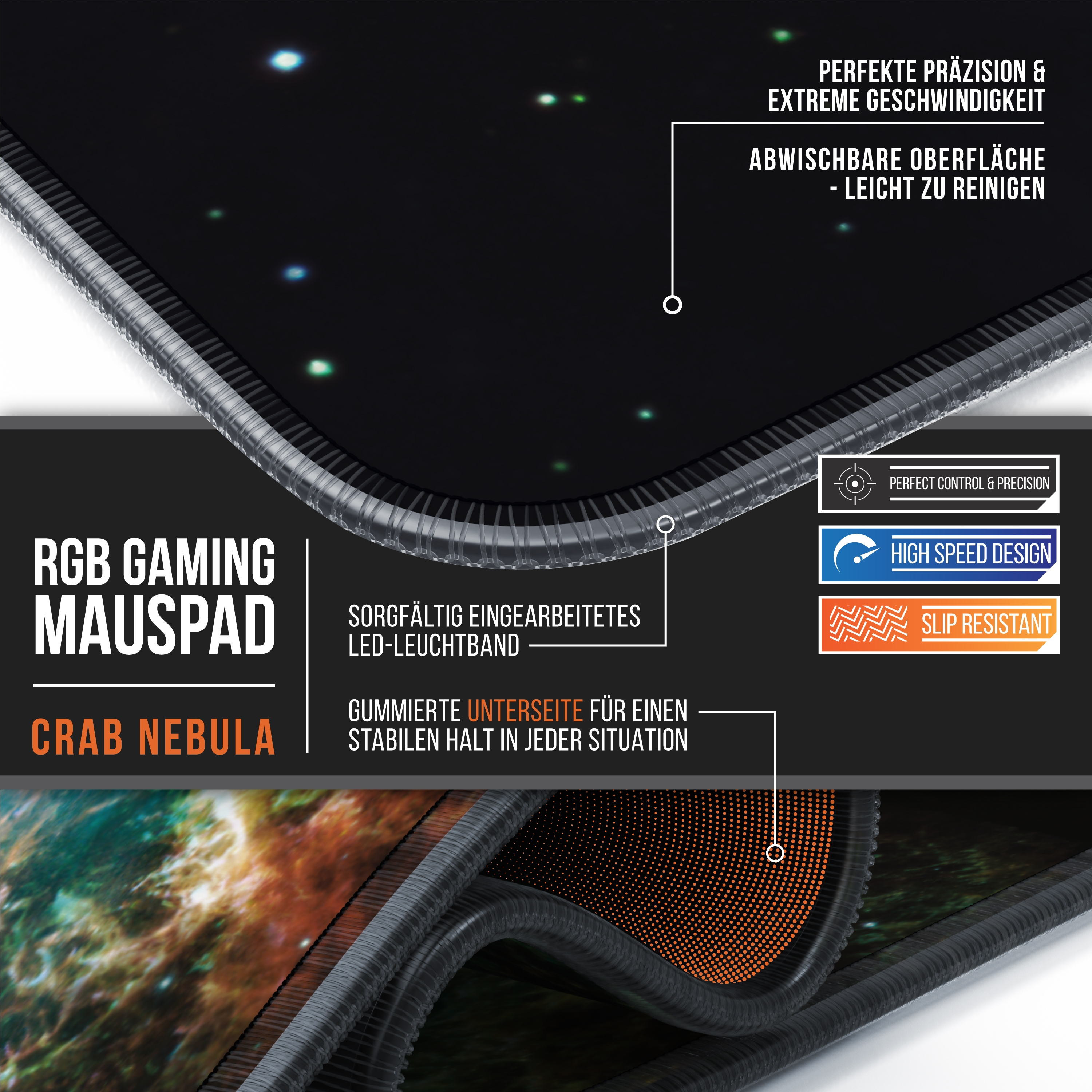 Gaming-Mauspad mit Nebeldesign, das RGB-Beleuchtung und eine strukturierte Oberfläche zeigt. Text hebt Funktionen hervor.