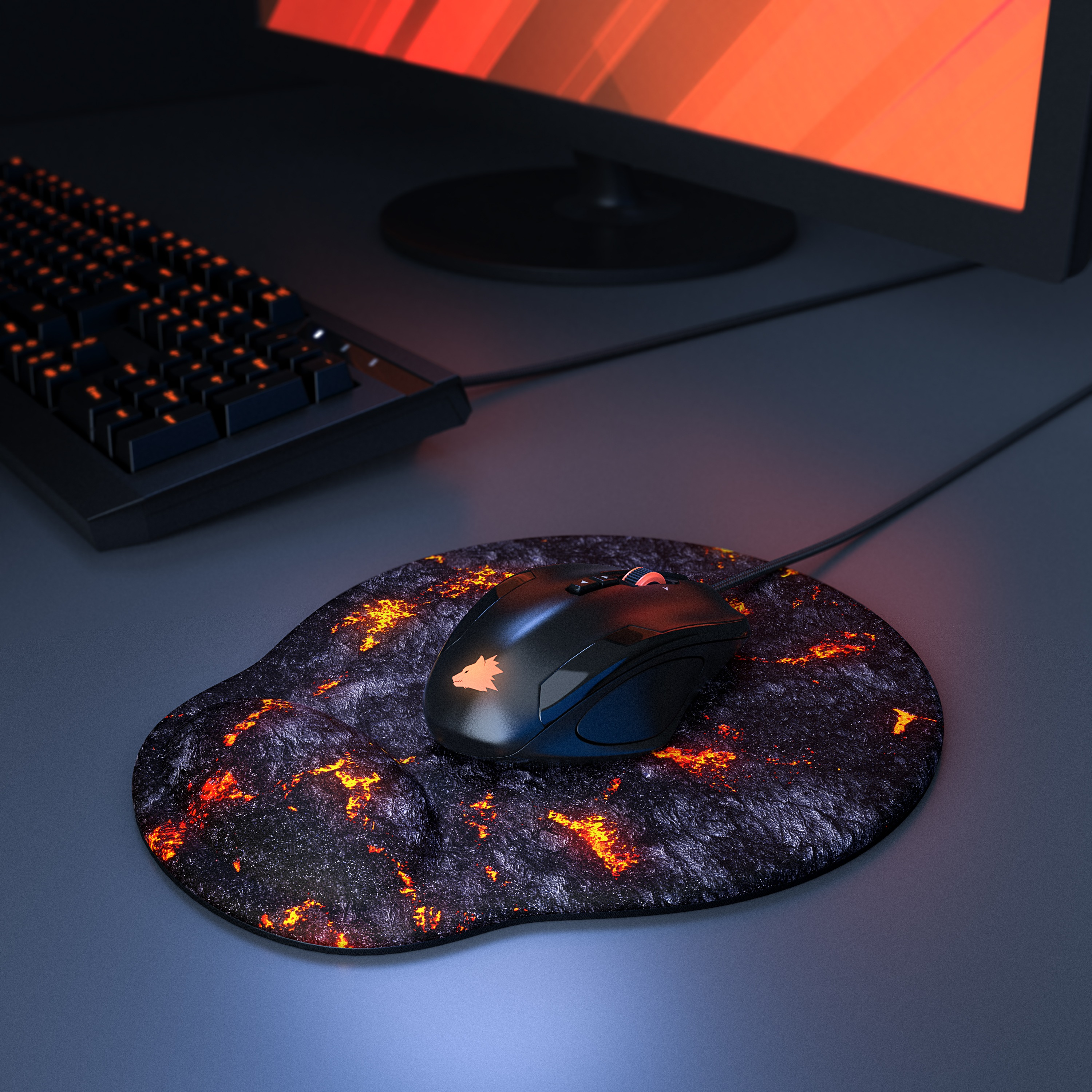 Maus und Mauspad mit Lava-Design, Tastatur im Hintergrund.