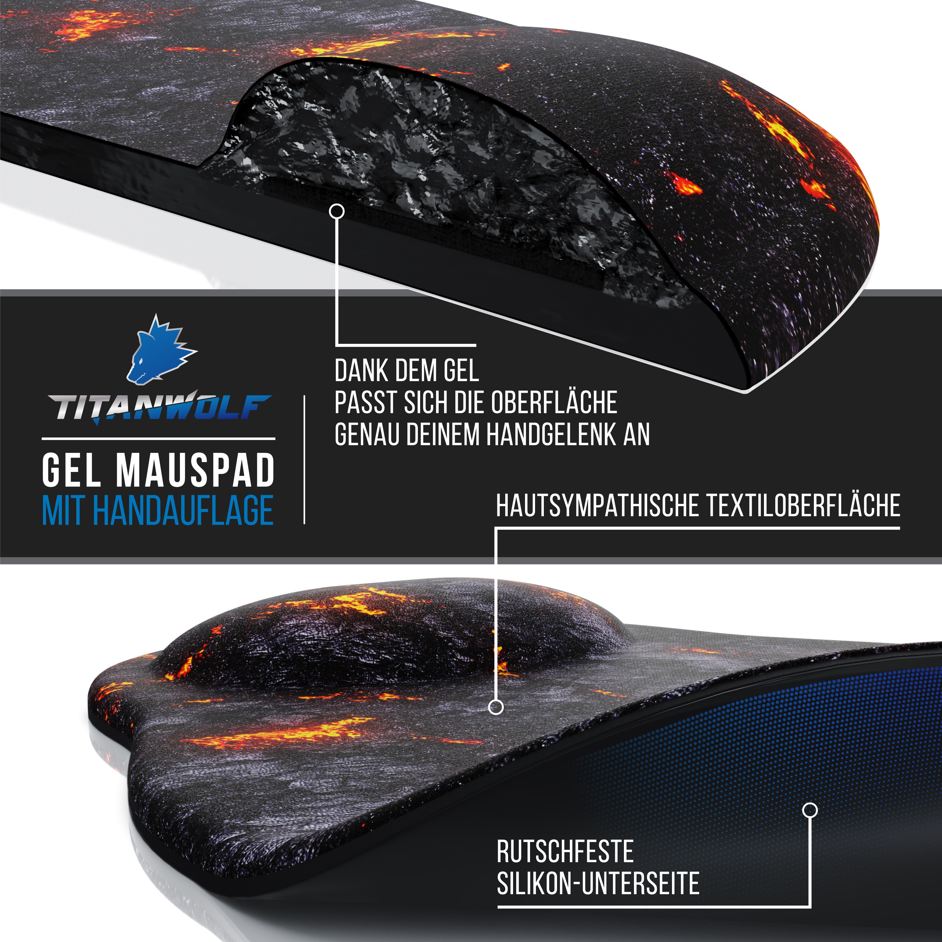 Nahaufnahme eines schwarzen Gel-Mauspads mit strukturierter Oberfläche und Handgelenkauflage.