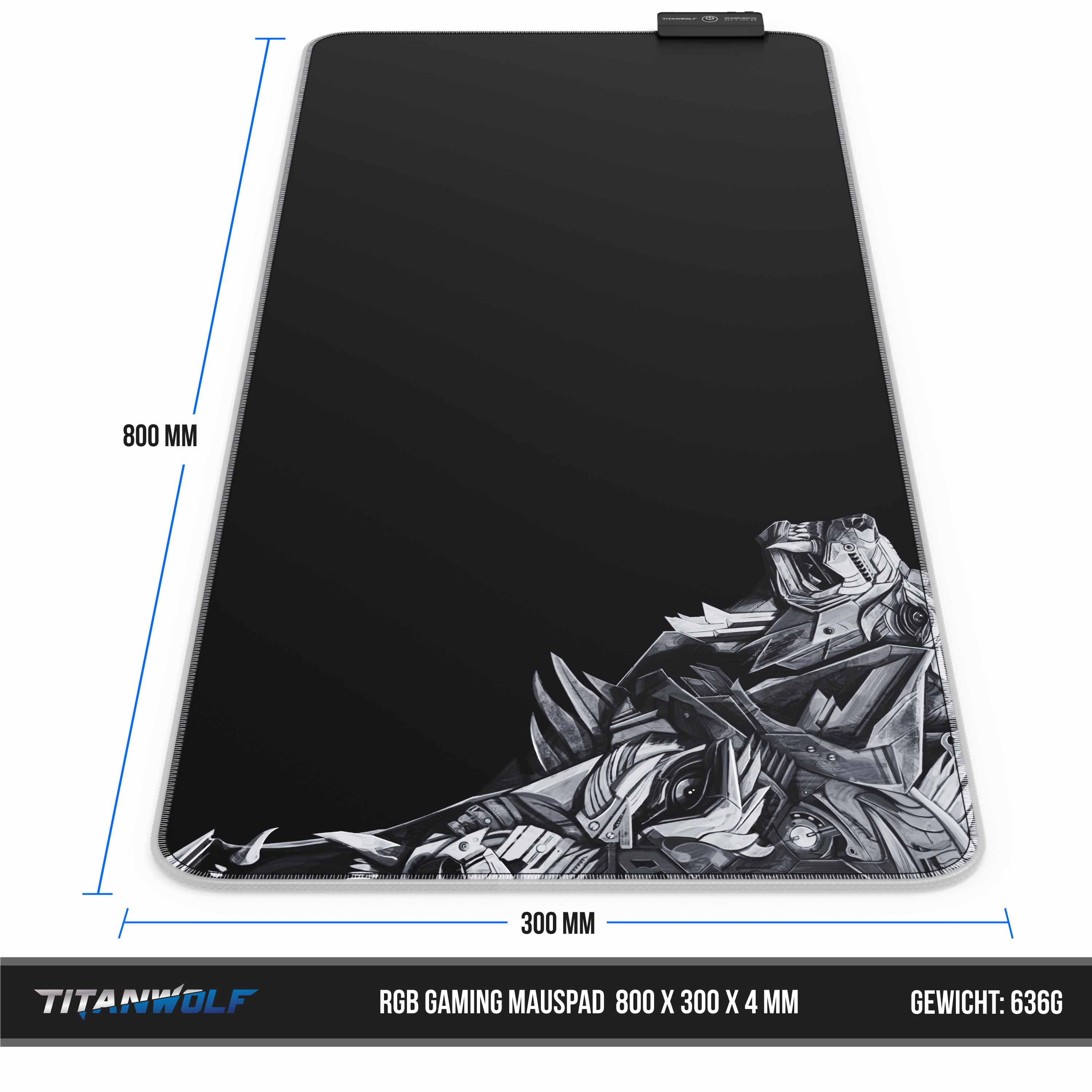 Schwarzes Gaming-Mauspad. Abmessungen: 800x300x4 mm. Grafik in der unteren rechten Ecke. Text: Titanwolf.