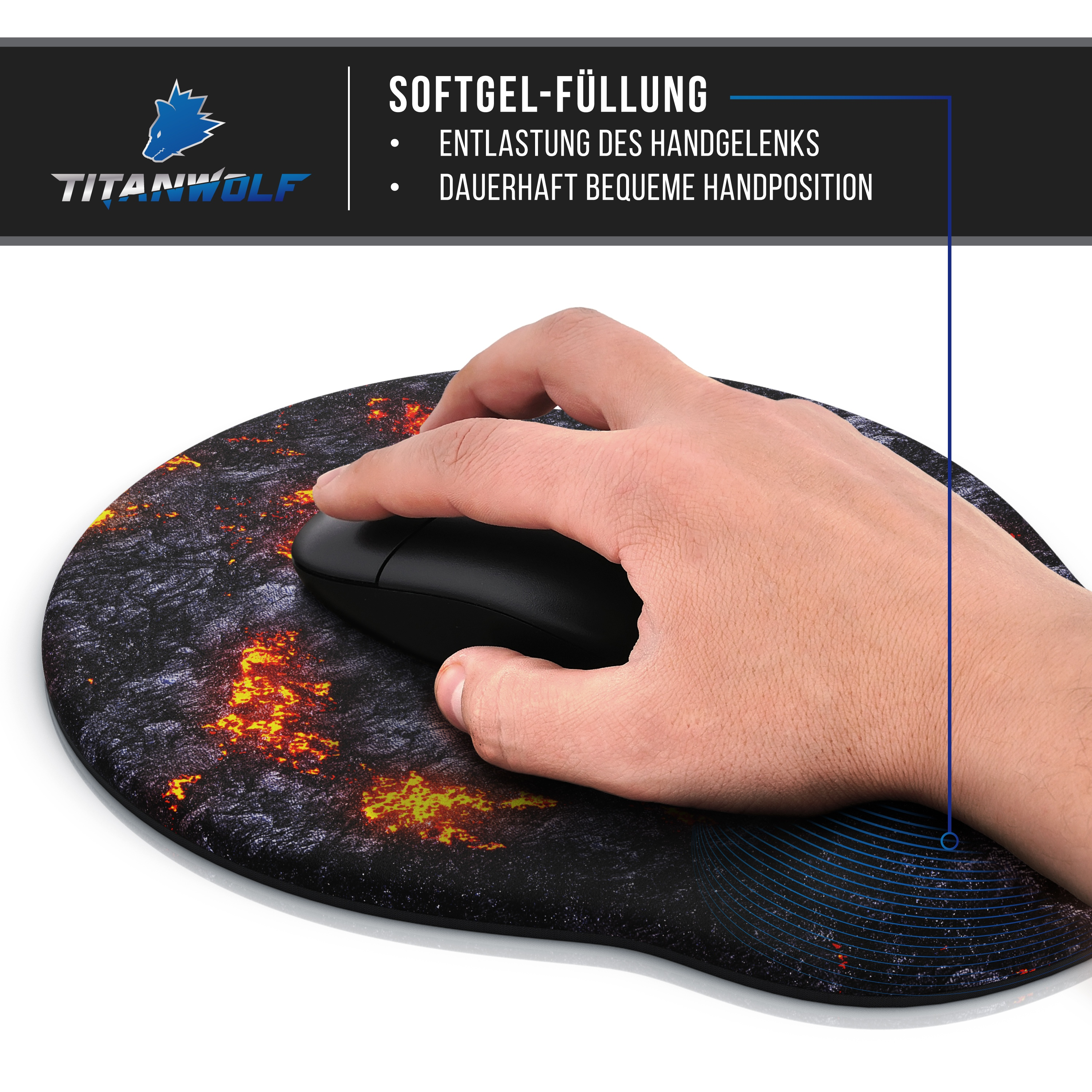 Eine Hand ruht auf einem schwarzen Mauspads mit rotem und gelbem Design. Text zum Produkt oben rechts.