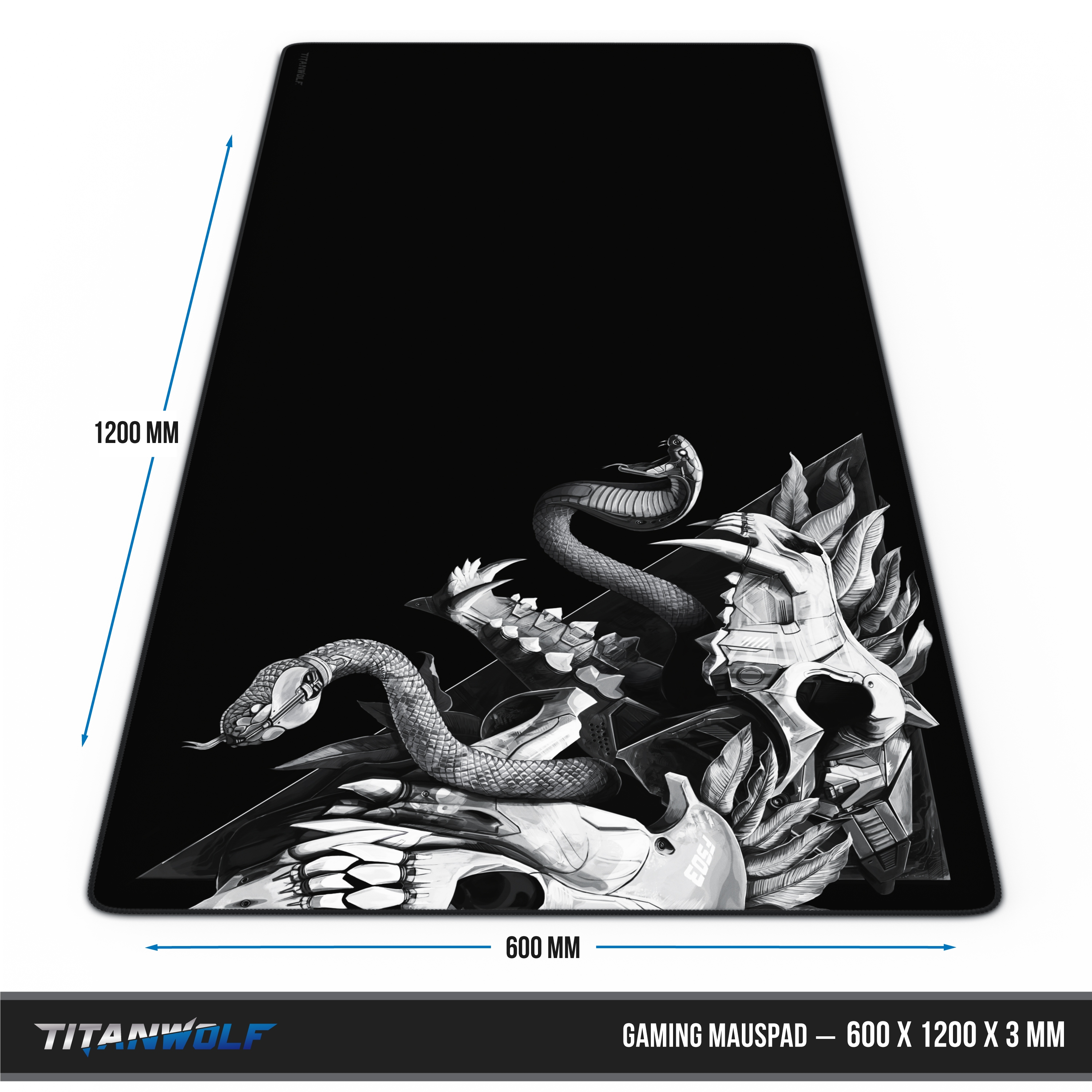 Schwarzes Gaming-Mauspad mit Totenkopf-Design und großen Abmessungen. Der Markenname 'TITANWOLF' sichtbar.