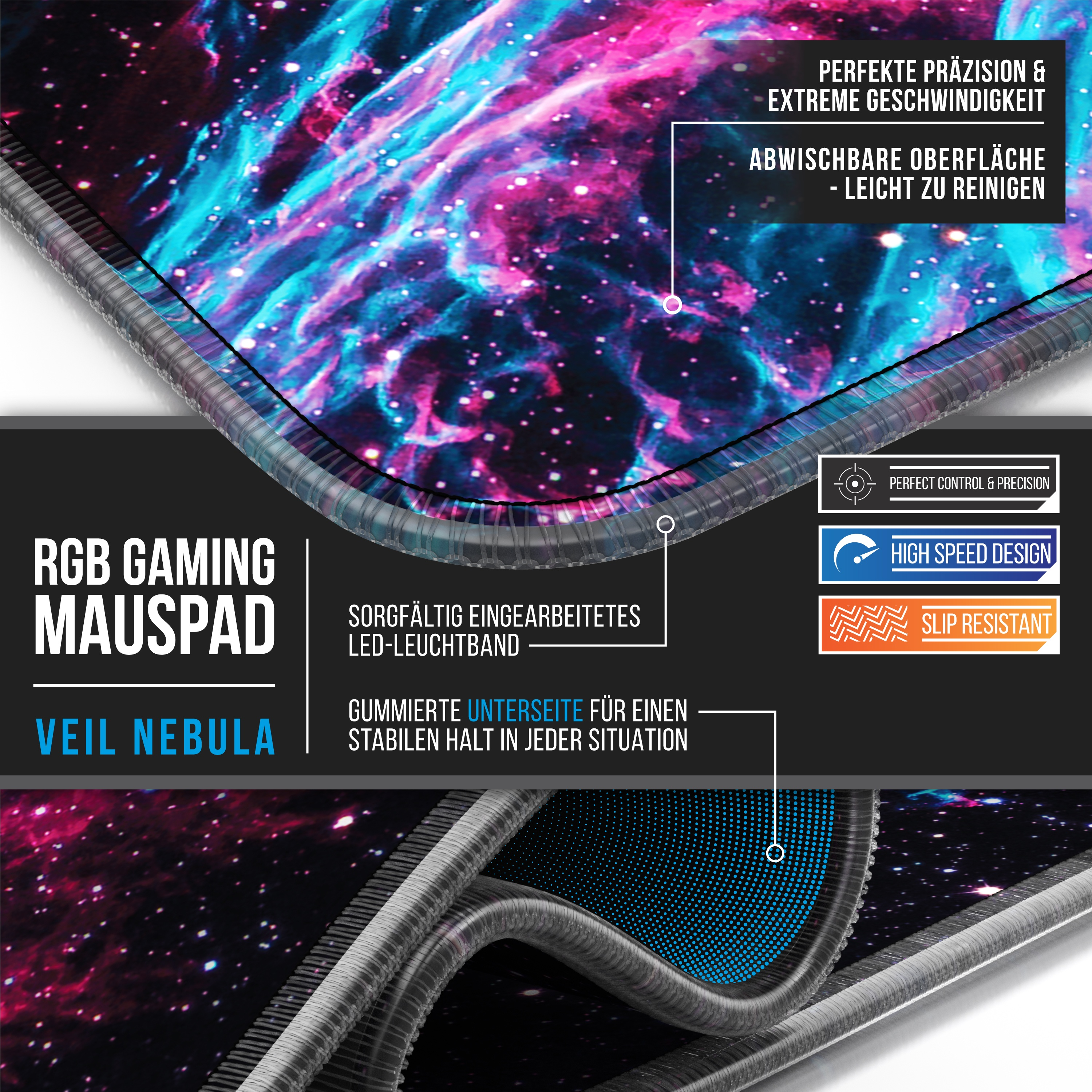 Gaming-Mauspad. Buntes Nebel-Design mit Text: RGB Gaming-Mauspad. Text: Perfekte Präzision und High-Speed-Design.