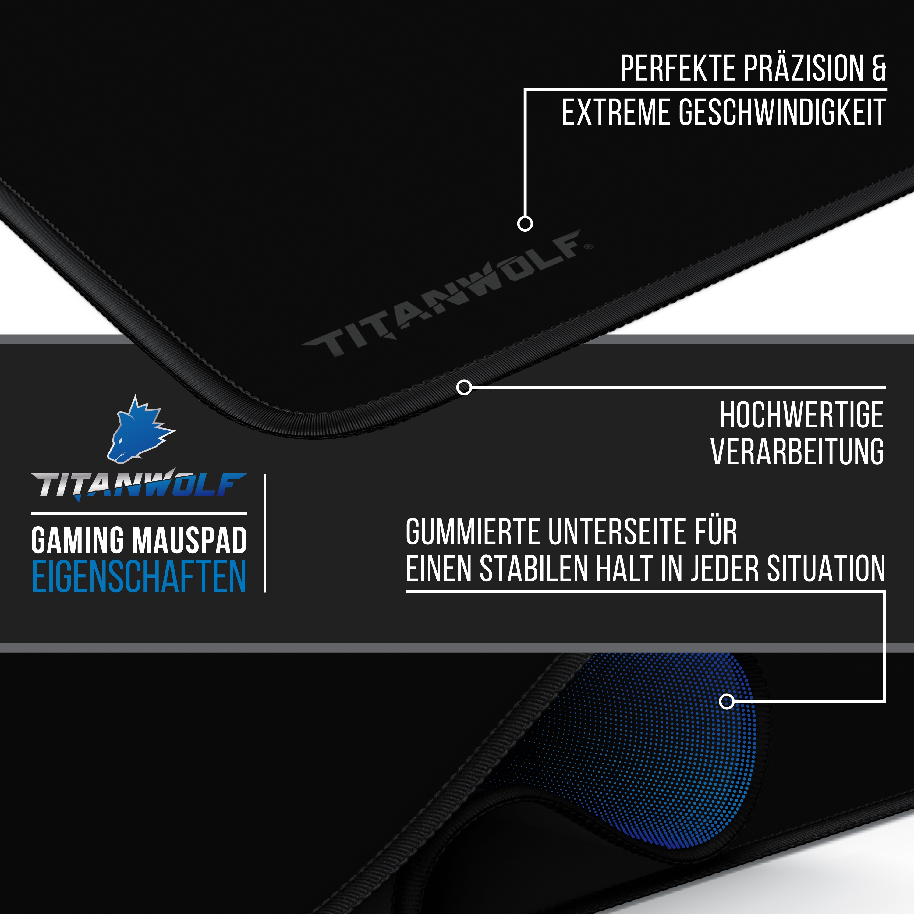 Nahaufnahme eines schwarzen Gaming-Mauspads mit Text und Logo.