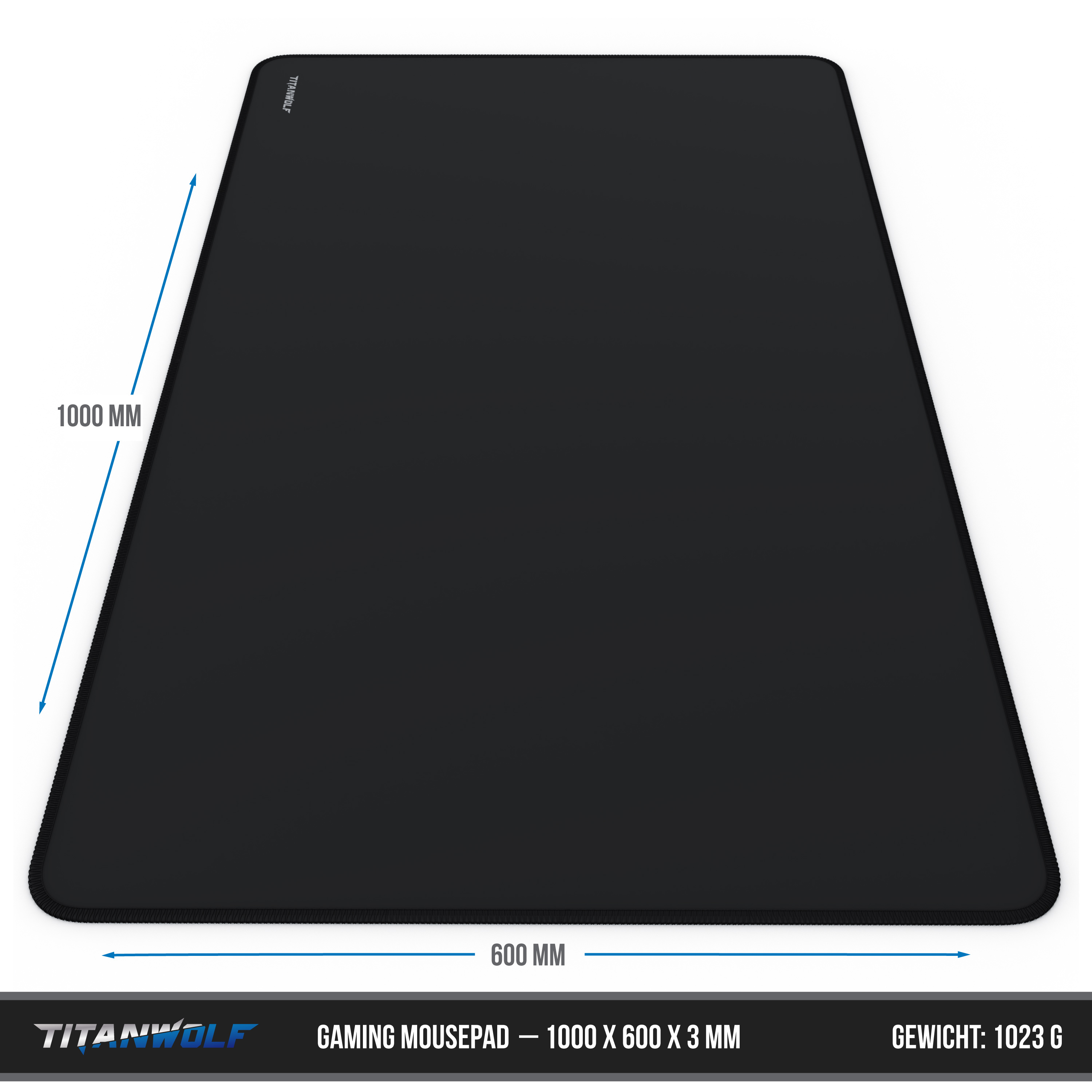 Schwarzes rechteckiges Gaming-Mauspad. Abmessungen: 1000 mm x 600 mm, Dicke 3 mm.