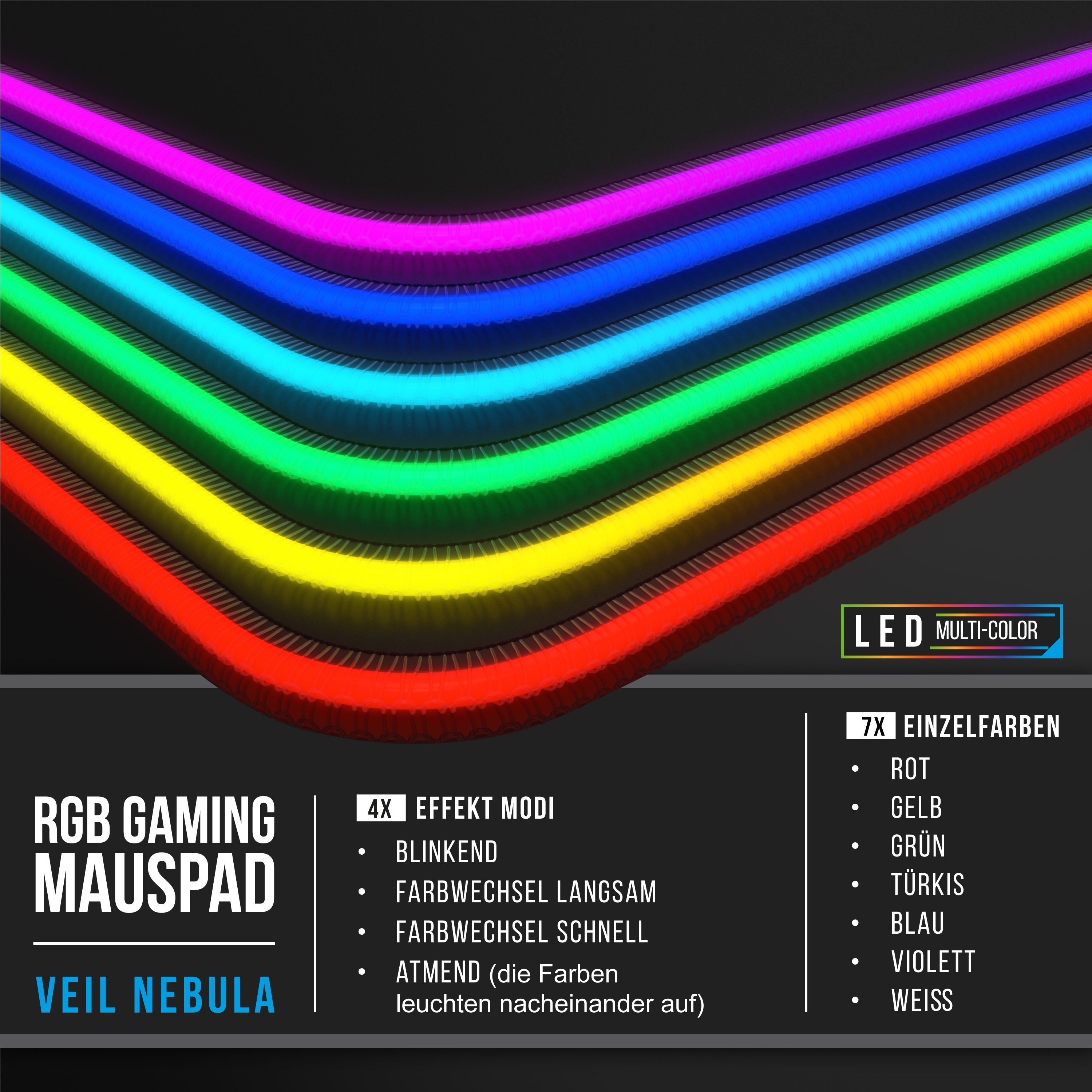 RGB-Gaming-Mauspad mit farbigen LED-Leuchten, die verschiedene Farbmodi zeigen.