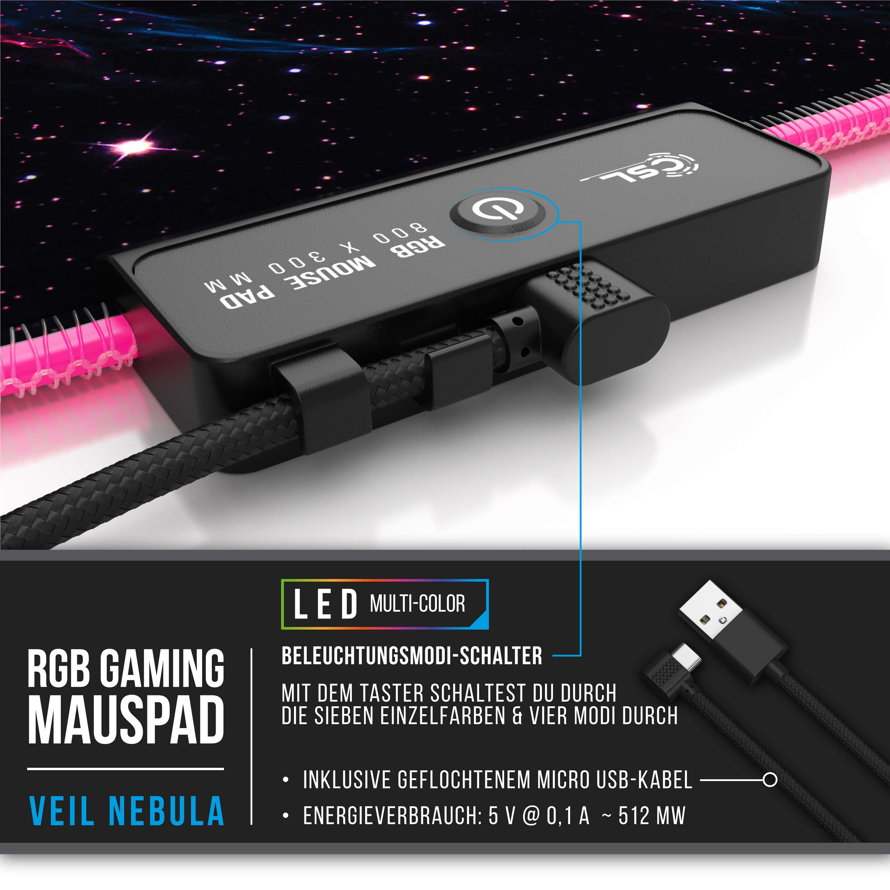 RGB-Gaming-Mauspad, schwarz mit USB-Kabel und Bedientasten.