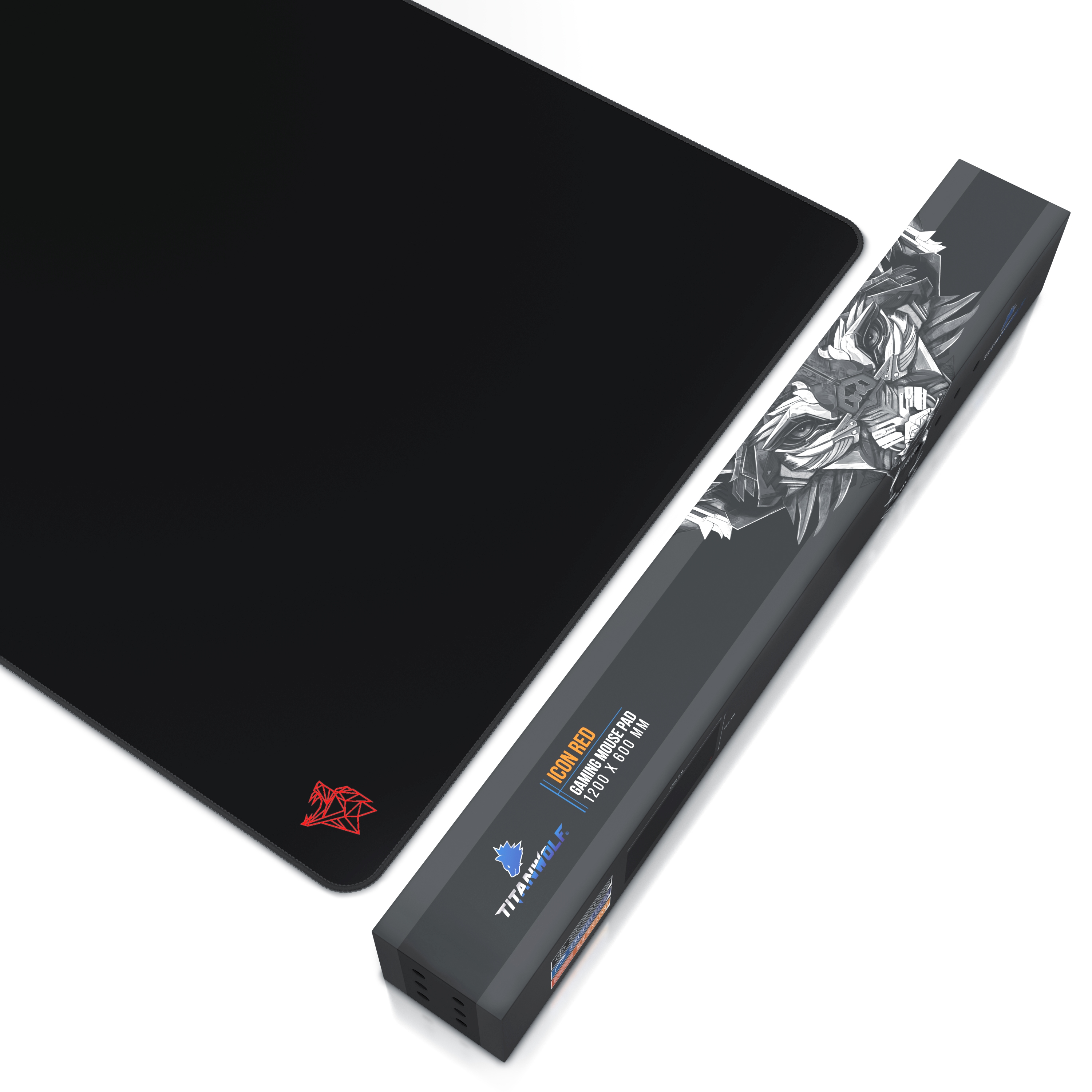 Schwarzes Gaming-Mauspad und eine lange Box mit Titanwolf-Logo und rotem Mauspad-Bild.