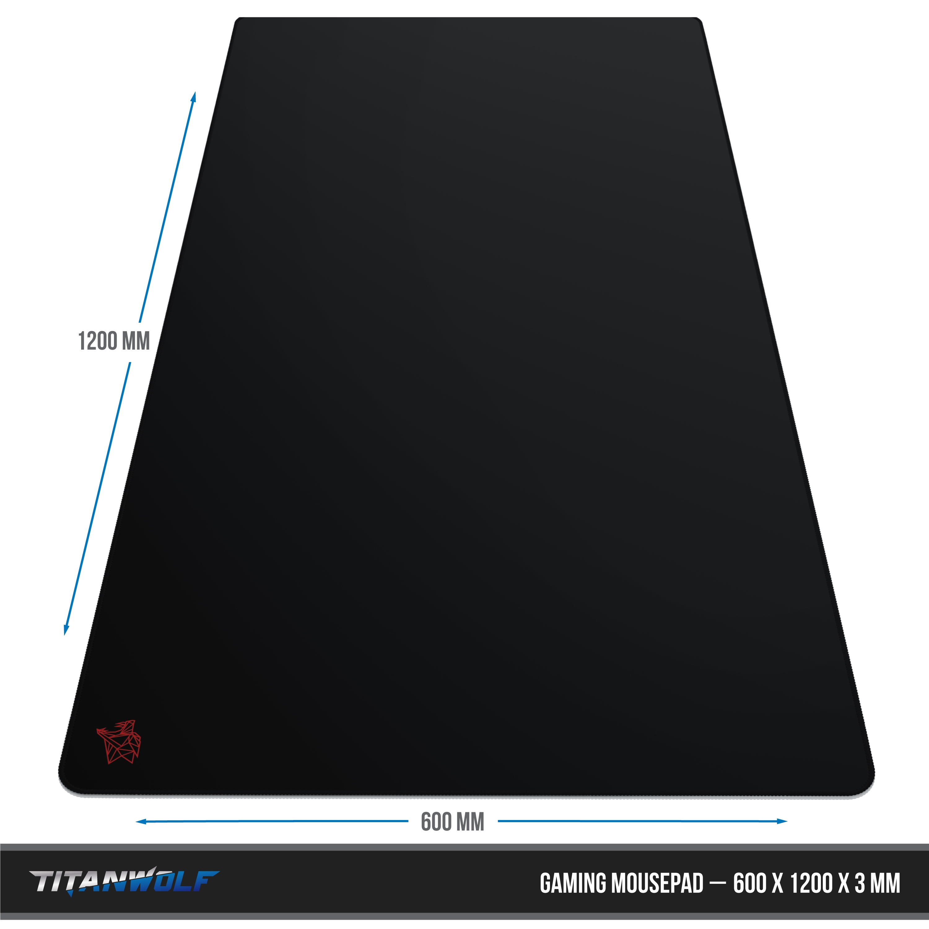 Schwarzes Mousepad mit rotem Logo und Abmessungen: 600 x 1200 x 3 mm.