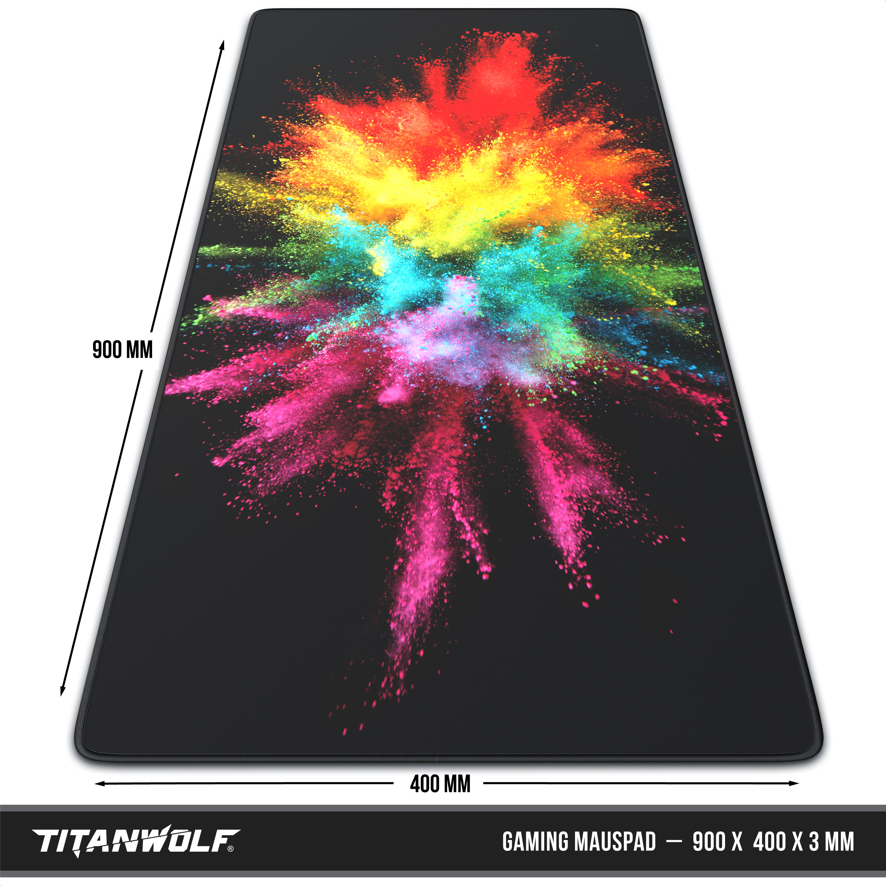 Großes Gaming-Mauspad mit farbenfrohem Explosionsdesign, 900x400mm.
