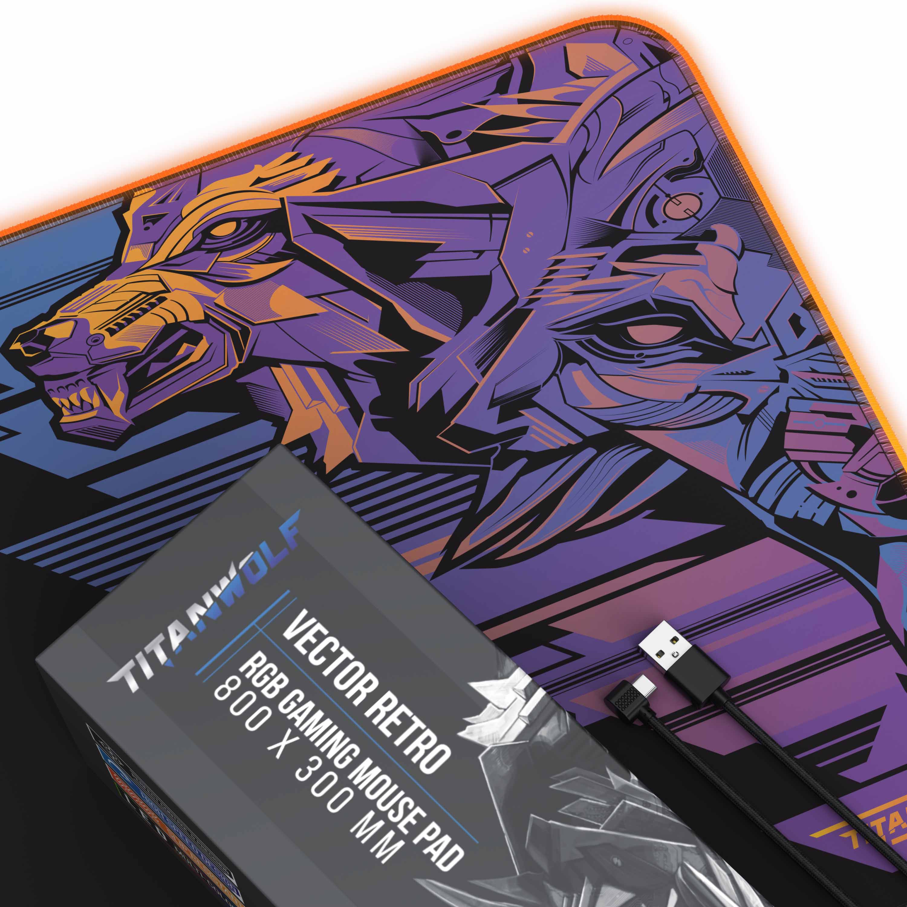 Gaming-Mauspad mit Wolf-Design und Box. Auf der Box steht 'Vector Retro RGB Gaming Mouse Pad'.