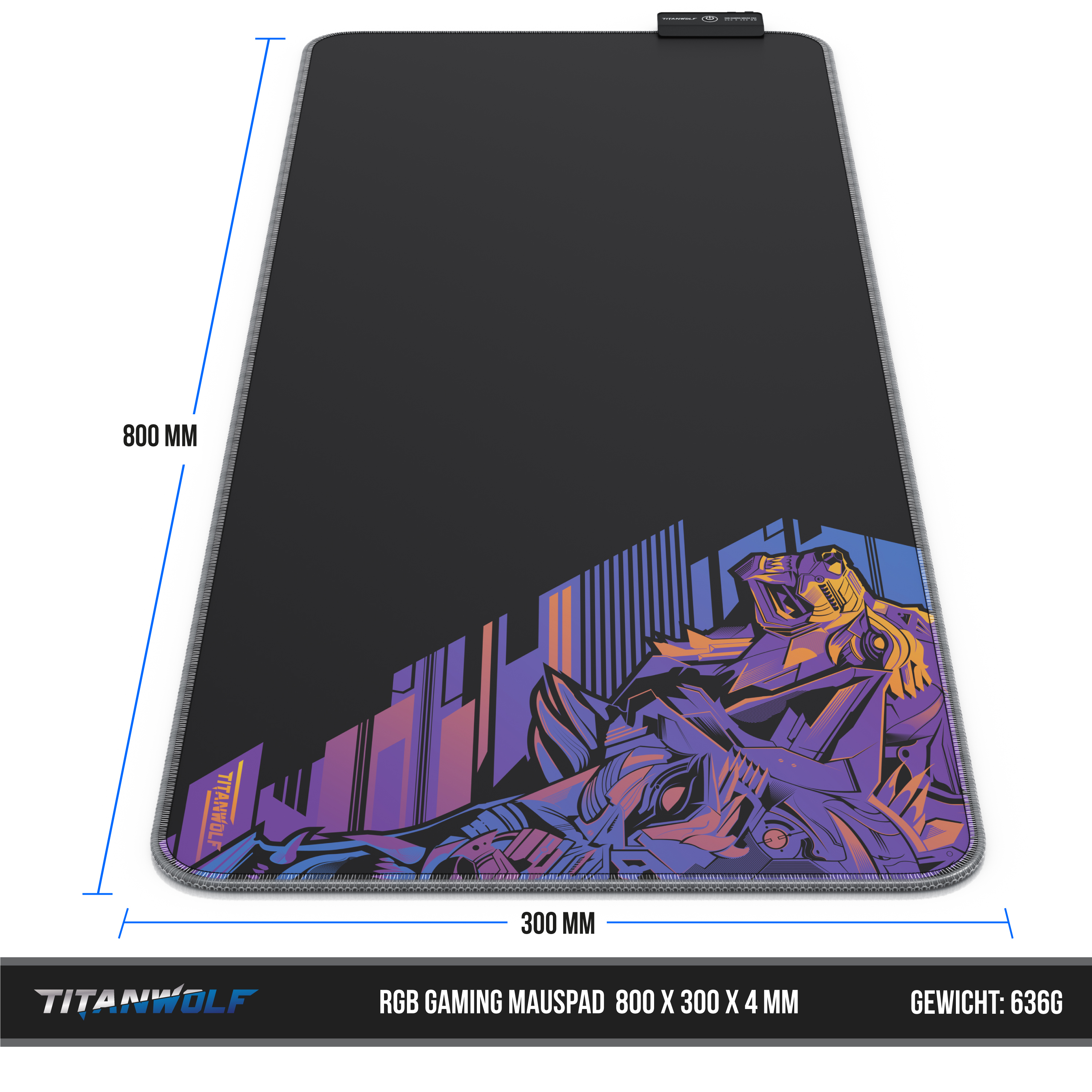 Schwarzes Gaming-Mauspad mit lila und orangefarbener Grafik, Abmessungen 800x300x4 mm, mit Messungen.