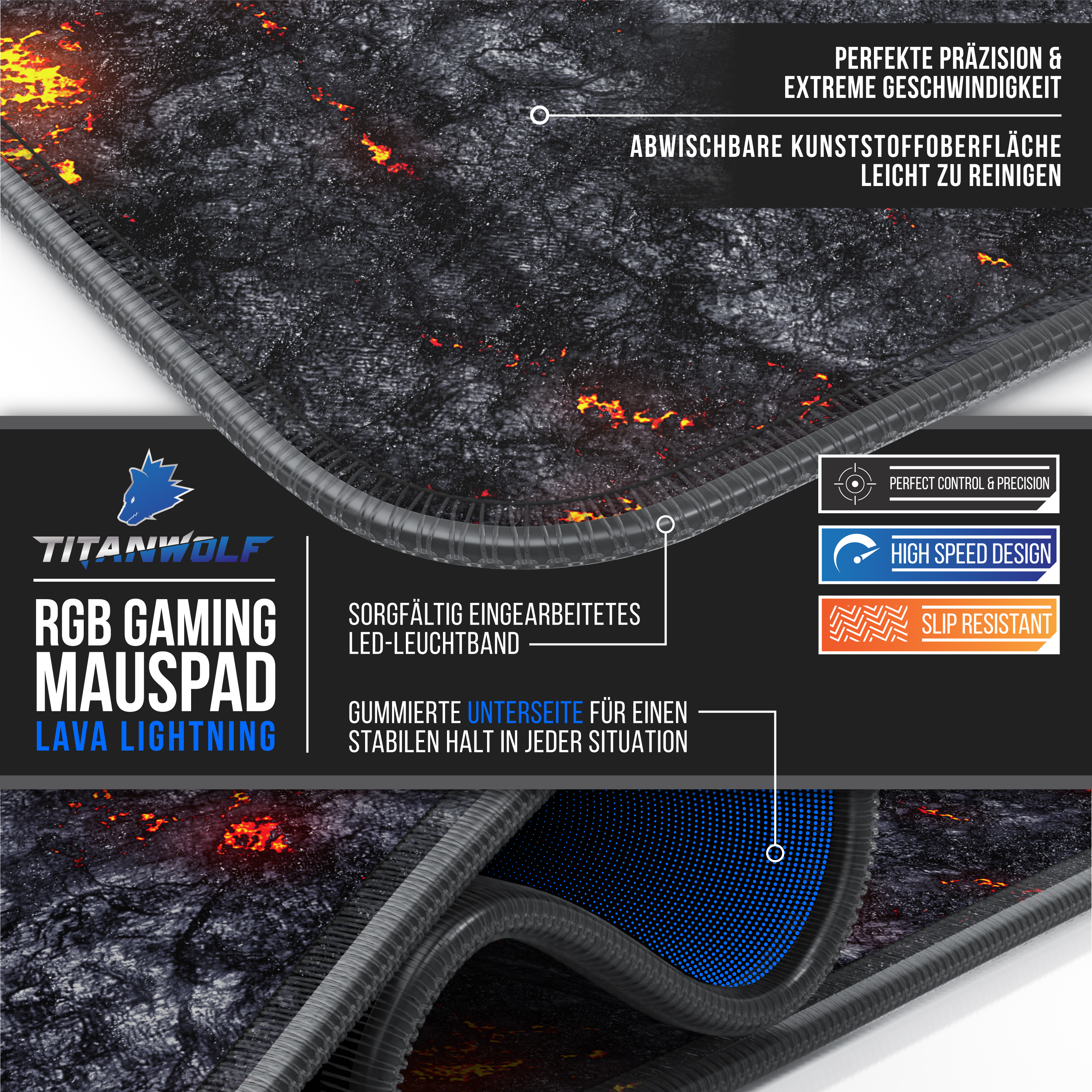 Gaming-Mauspad mit Lava-Design und Text. Zeigt Oberflächen- und Unterseitendetails.