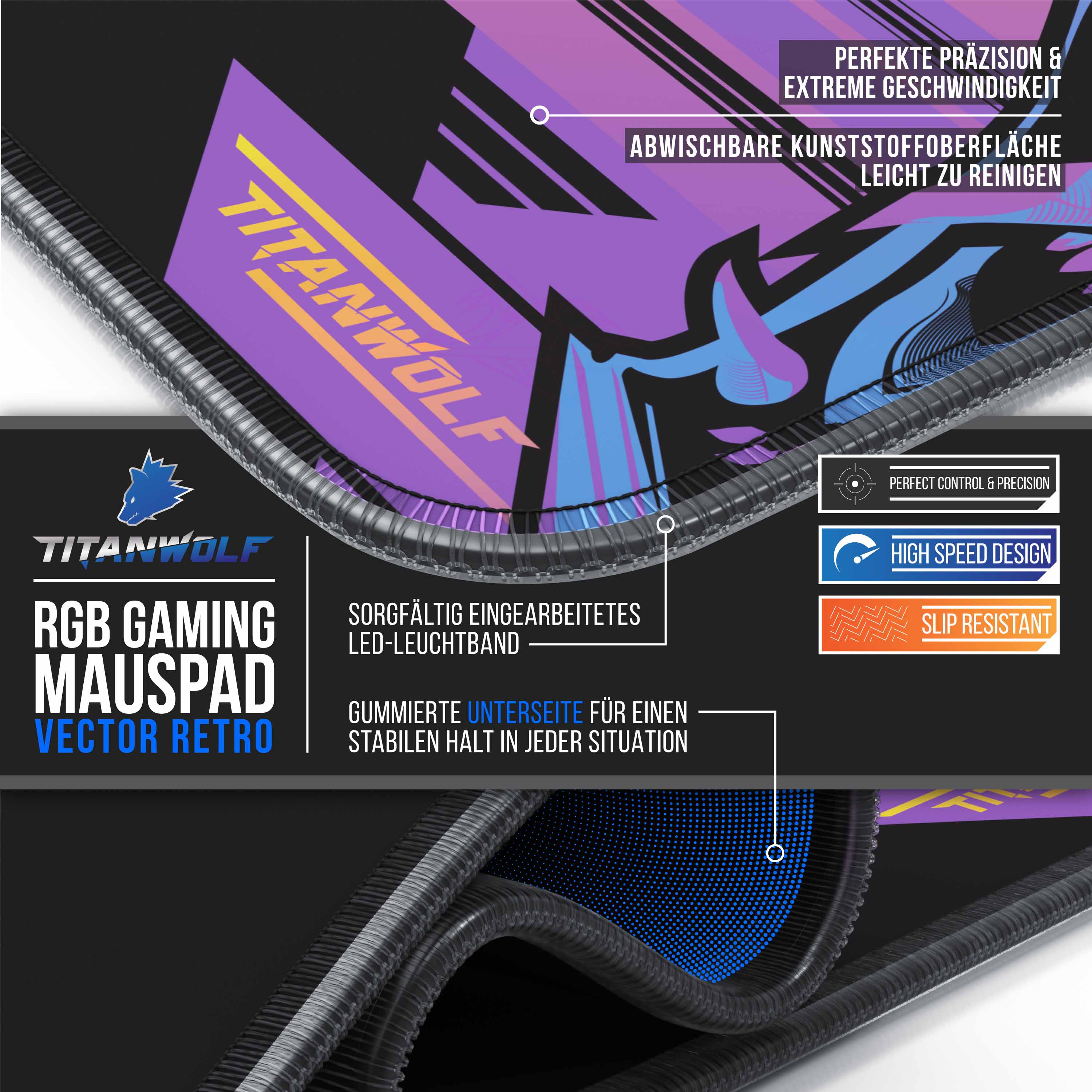 Nahaufnahme eines Gaming-Mauspads mit Titanwolf-Logo und Text zu den Funktionen.