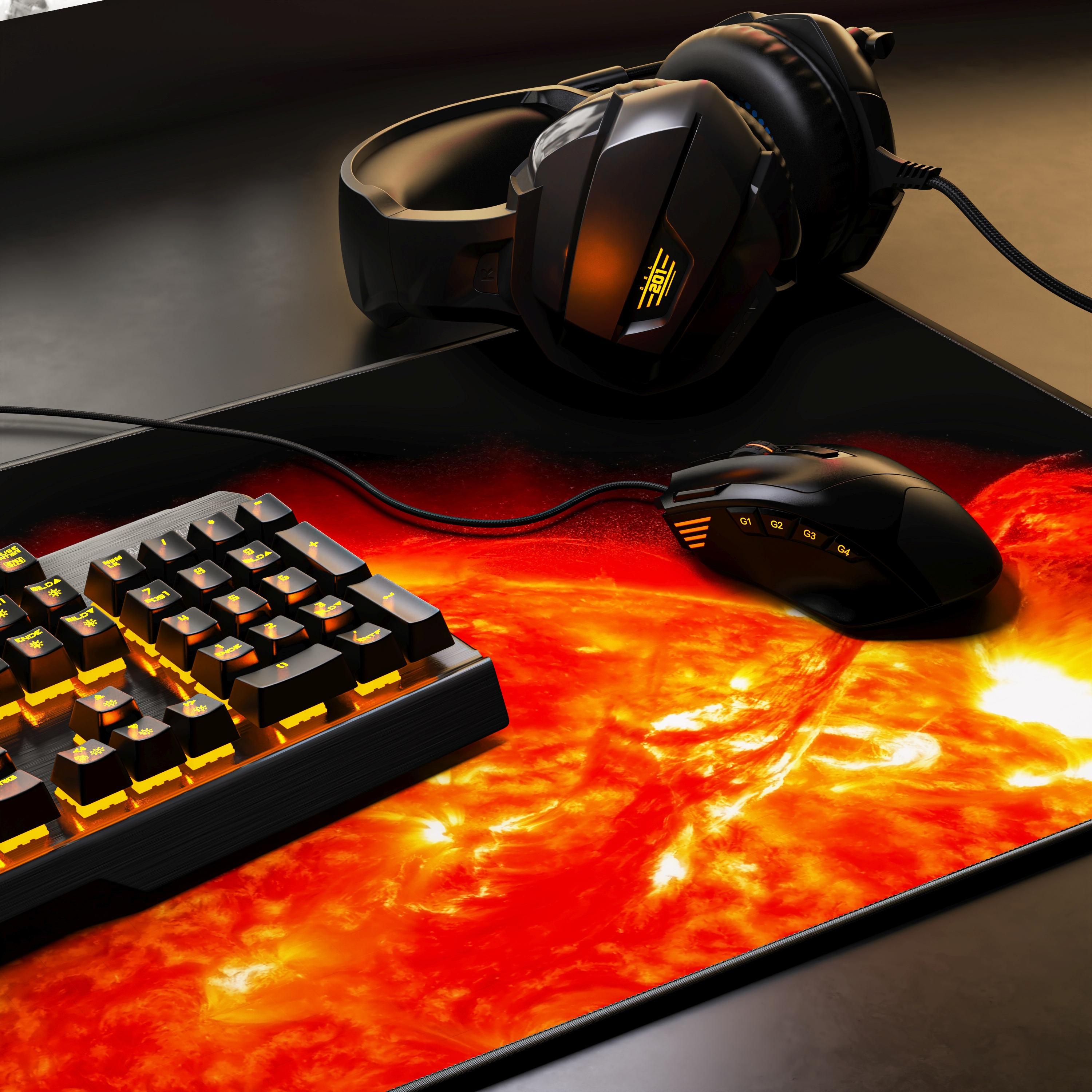 Ein Gaming-Setup mit Tastatur, Maus und Mauspad mit lavaartigem Design.