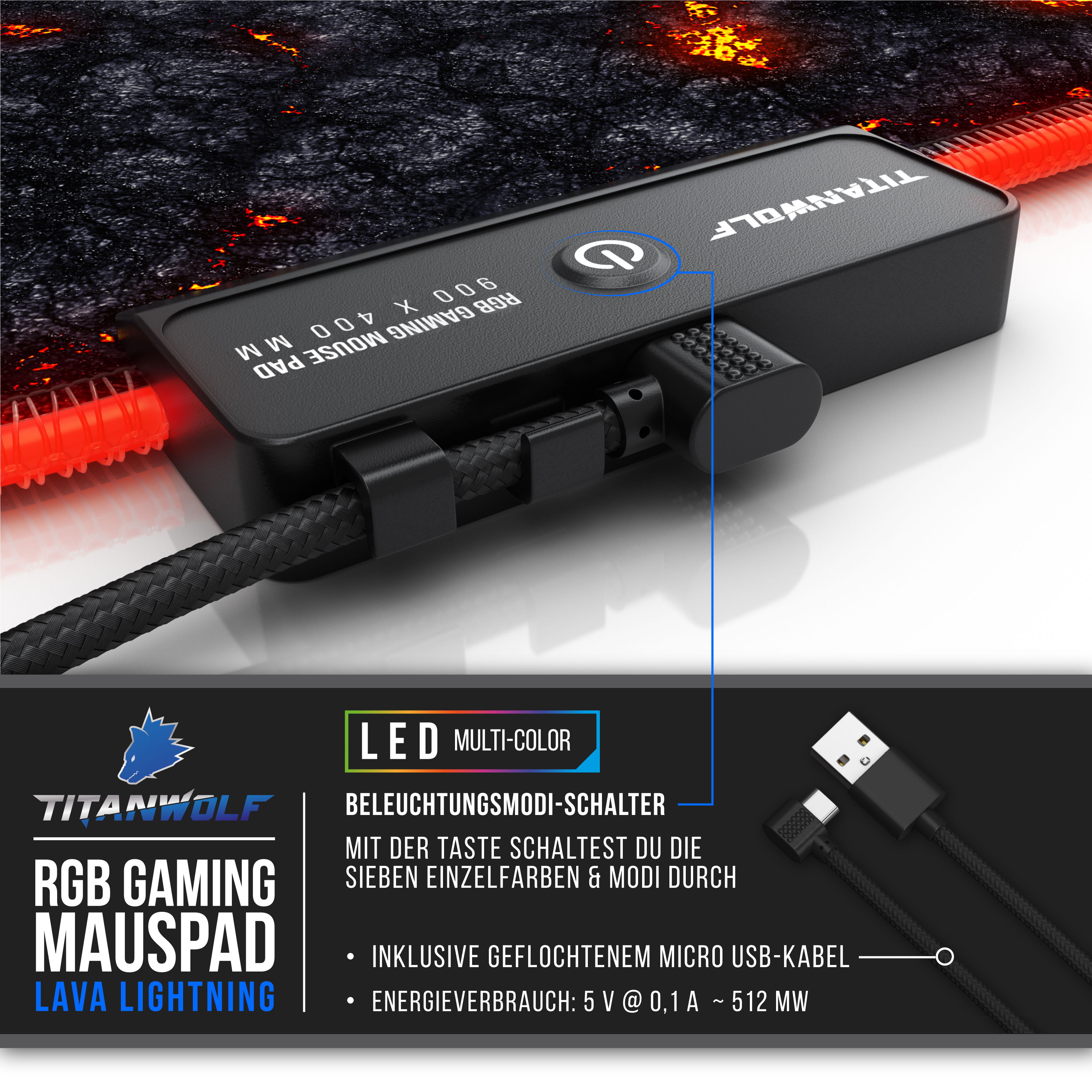 Ein schwarzes und rotes Gaming-Mauspad mit Ladeanschluss, USB-Kabel und Ein-/Aus-Taste.