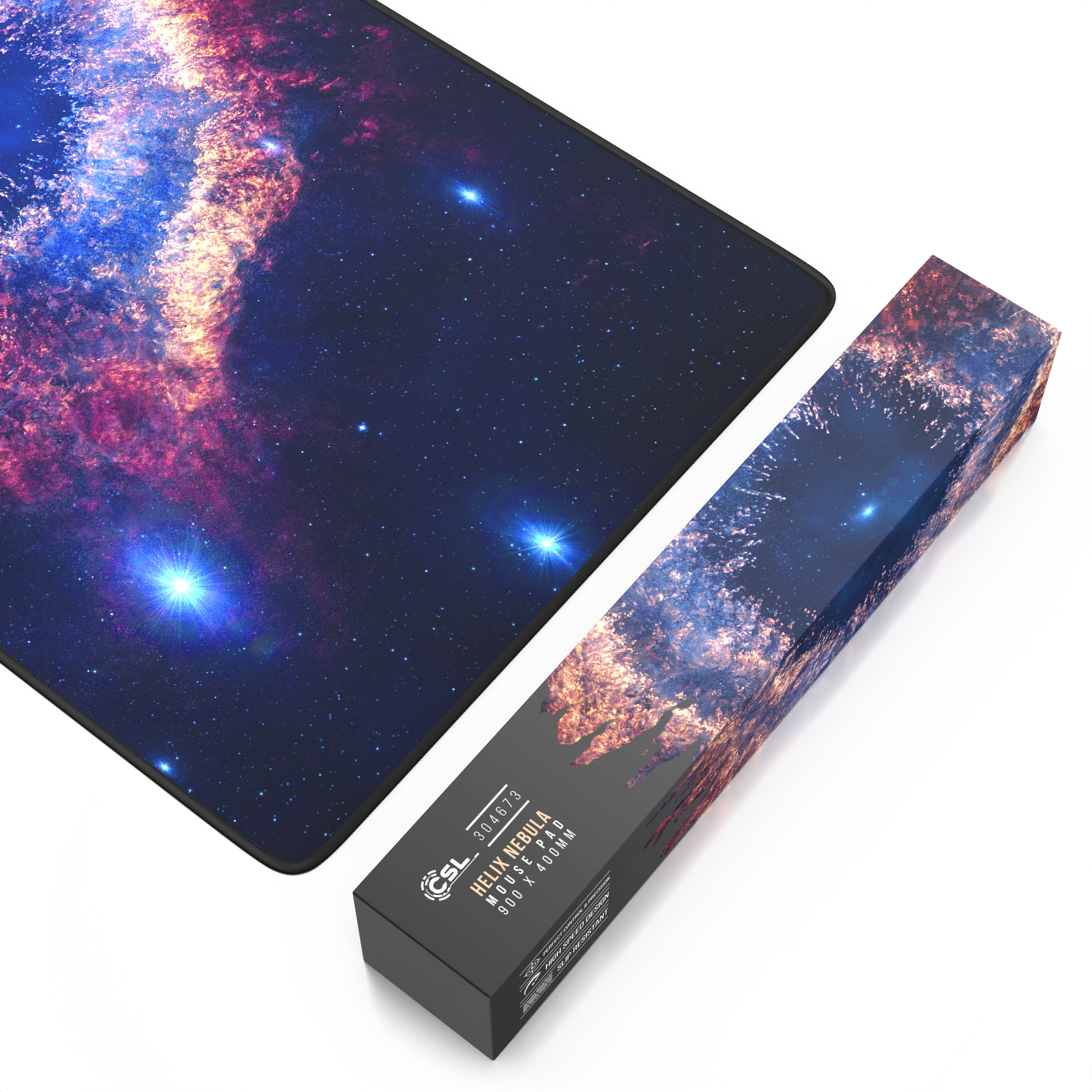 Mauspad mit Galaxien-Design und Box. Box hat Galaxien-Bild.
