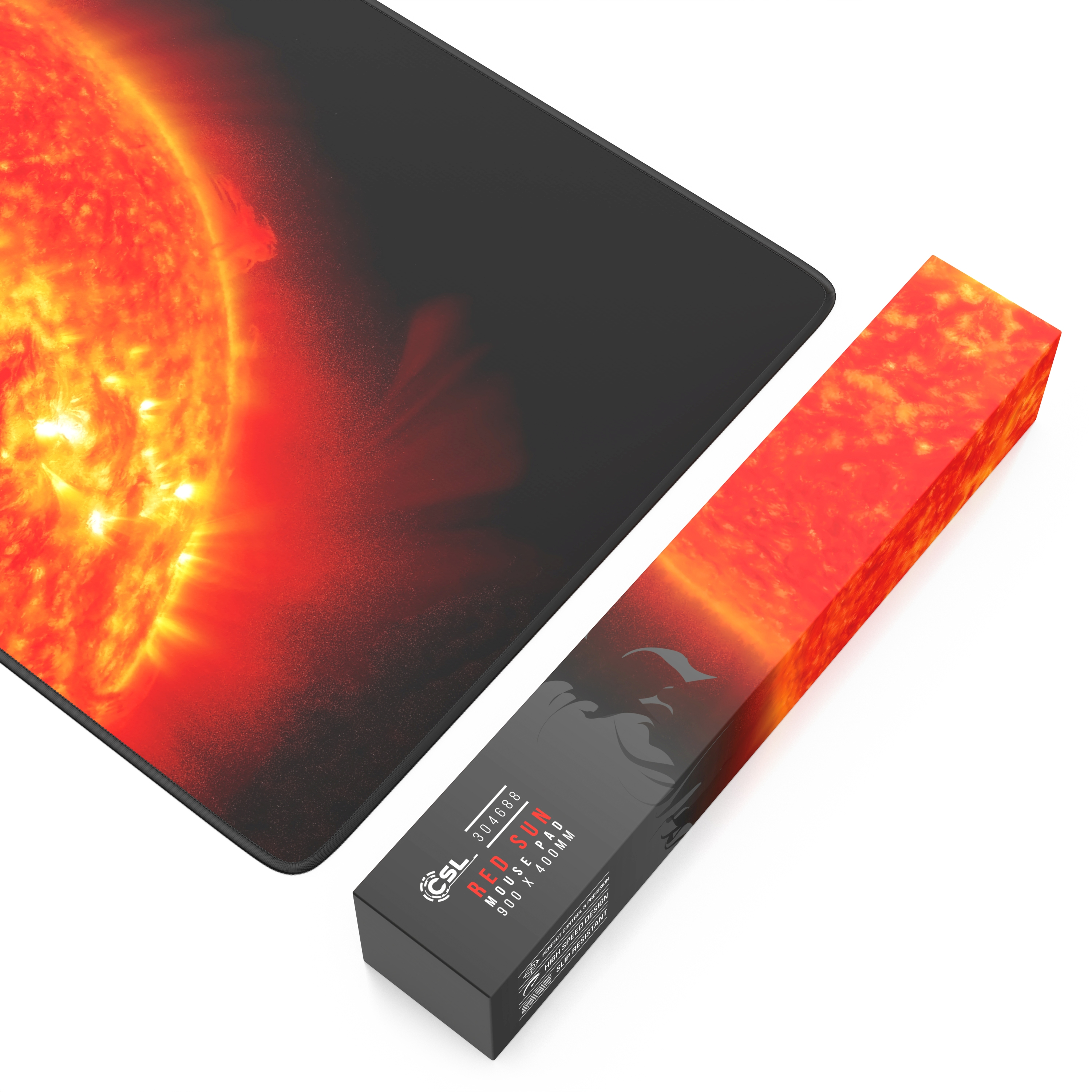 Mauspad und Box mit Sonnendesign. Das Mauspad zeigt ein Sonnenbild.