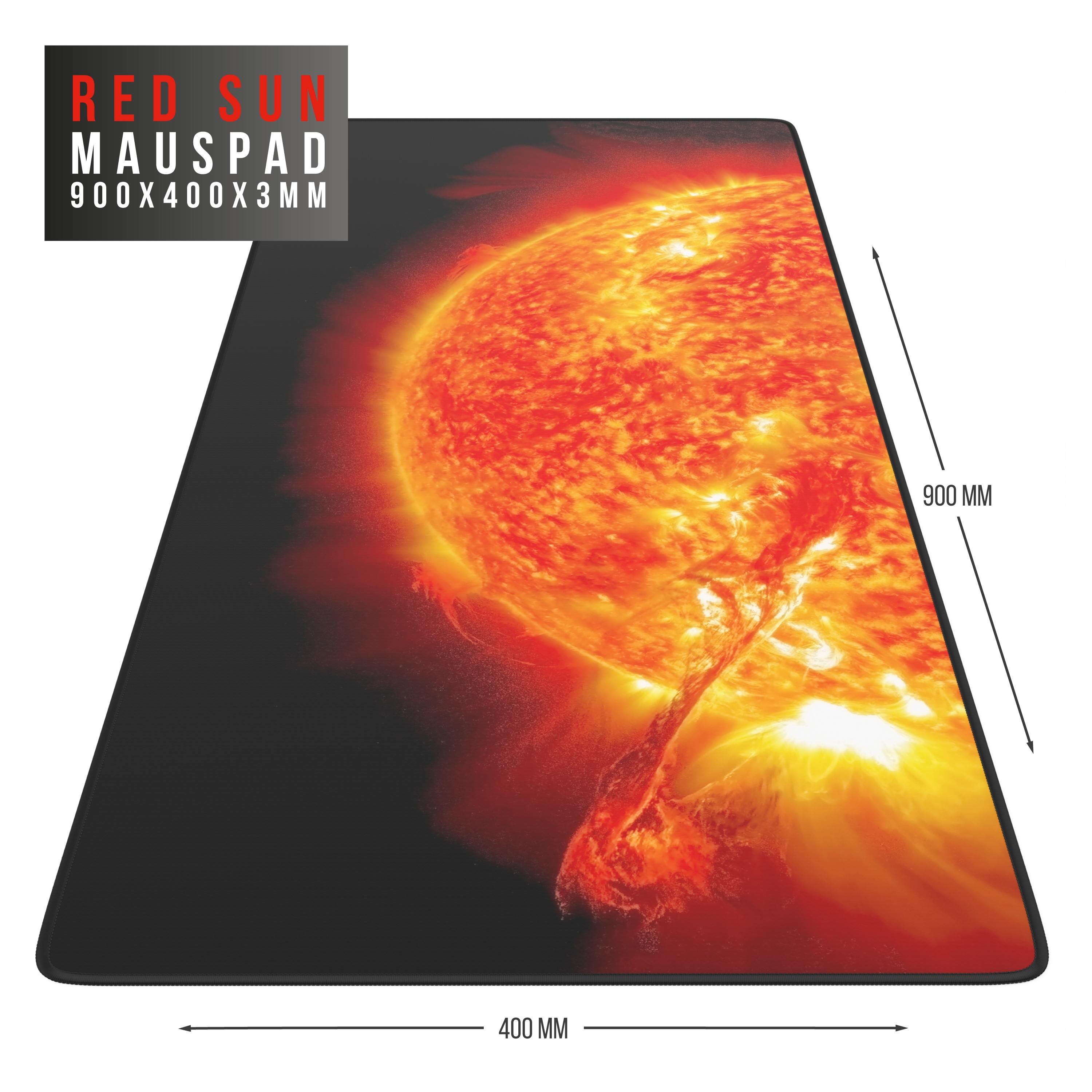 Mauspad mit Sonnendesign. Rote Sonne auf schwarzem Hintergrund. Abmessungen sind sichtbar.
