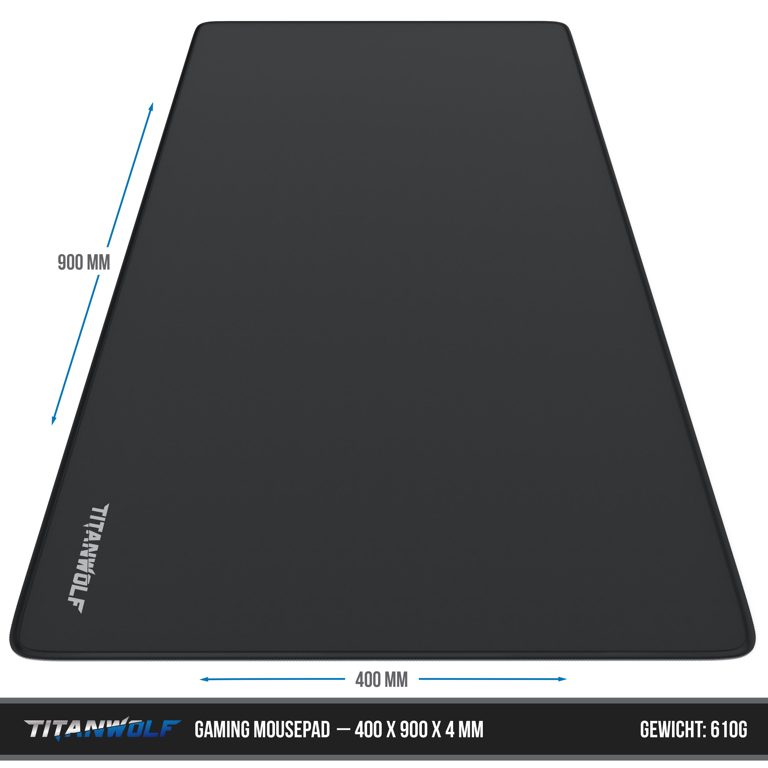 Schwarzes Gaming-Mauspad mit den Maßen 400 x 900 x 4 mm, mit Titanwolf-Logo.
