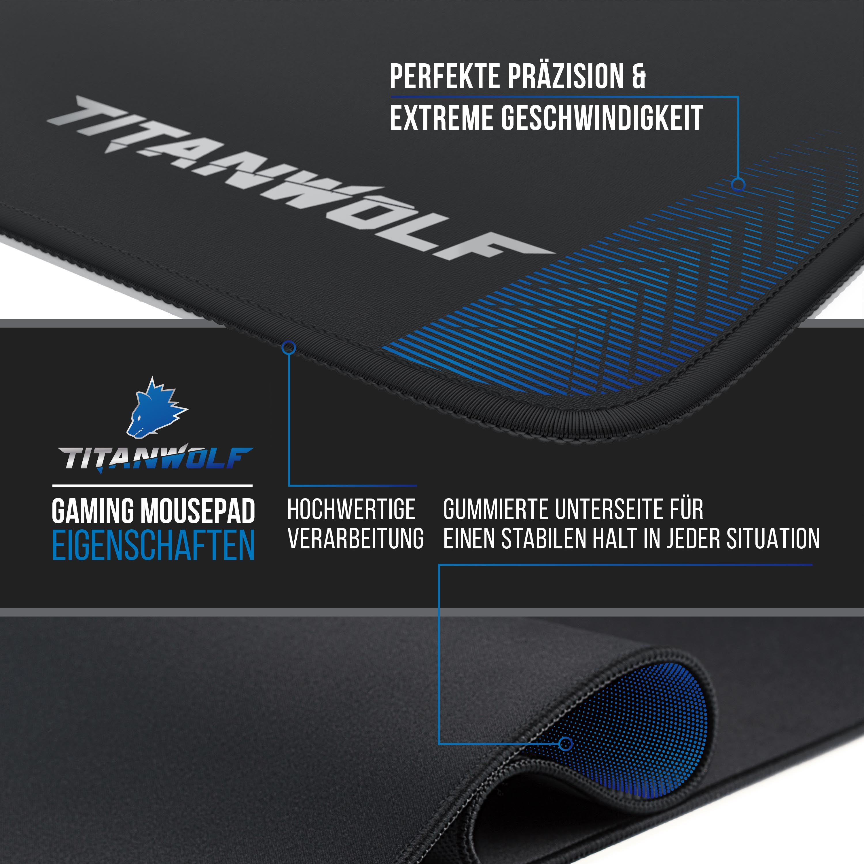 Nahaufnahme eines Gaming-Mauspads mit Text und blauen Details.