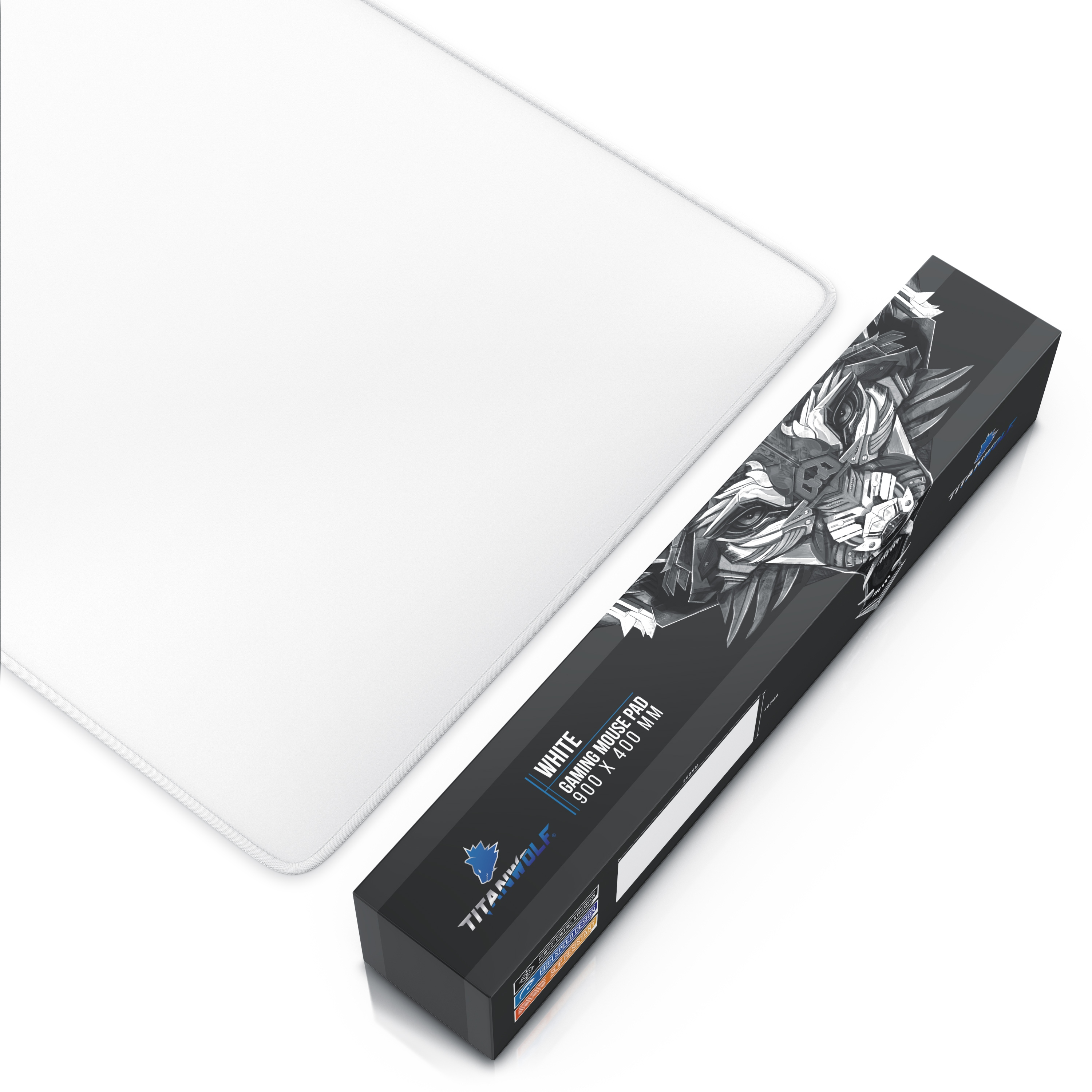 Weißes Gaming-Mauspad und Verpackung mit Wolfsdesign, vor weißem Hintergrund.
