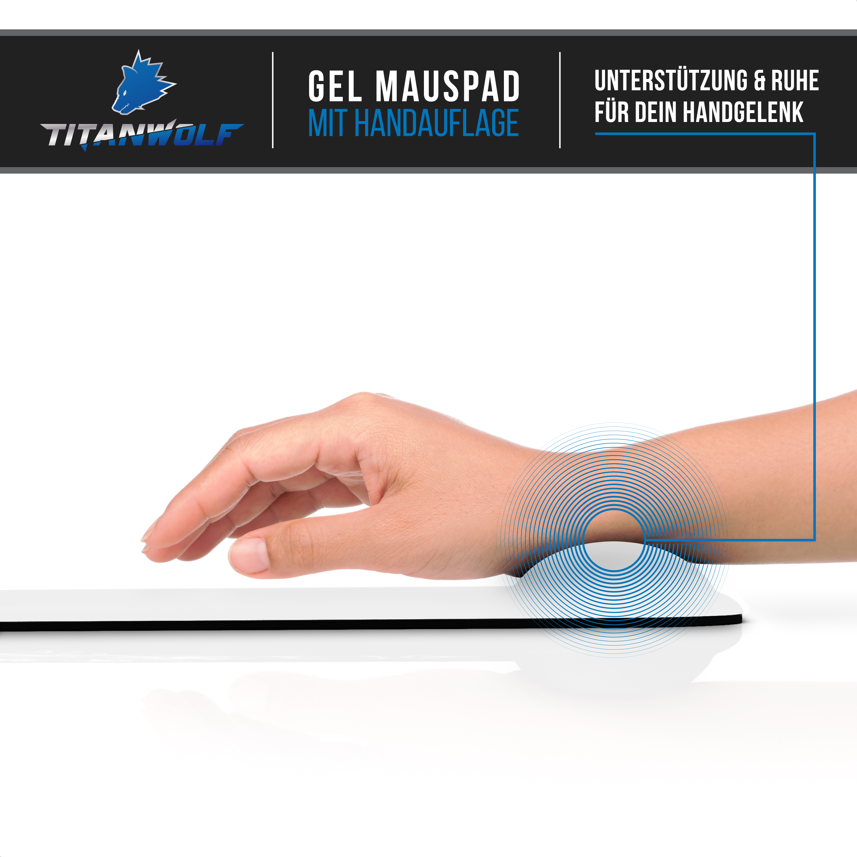 Hand auf einem Gel-Mauspad mit Handgelenkstütze. Text: Unterstützung & Ruhe für Ihr Handgelenk. Titanwolf Logo.