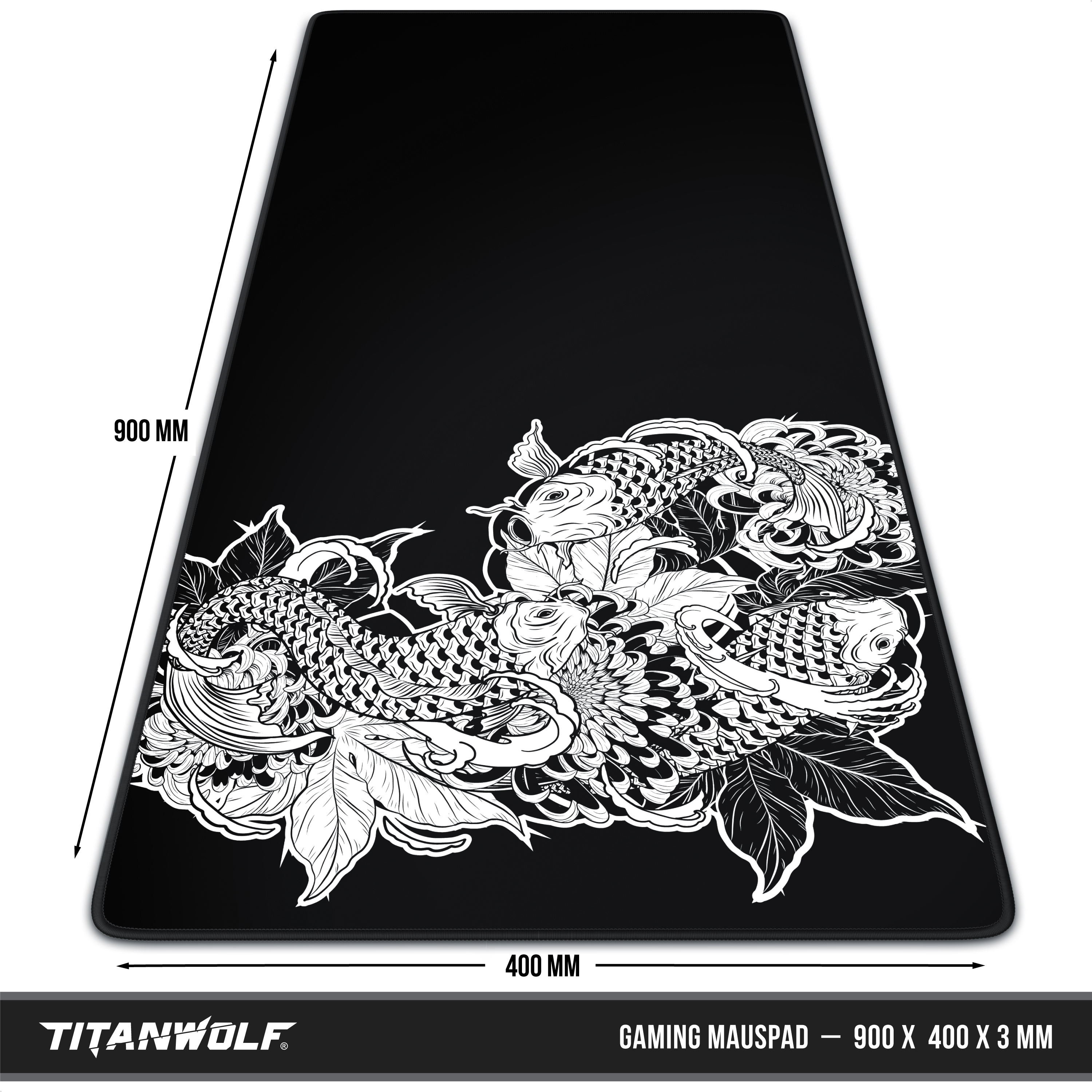 Schwarzes Gaming-Mauspad mit weißem Koi-Fisch-Design und floralen Details. Abmessungen sind 900x400 mm.