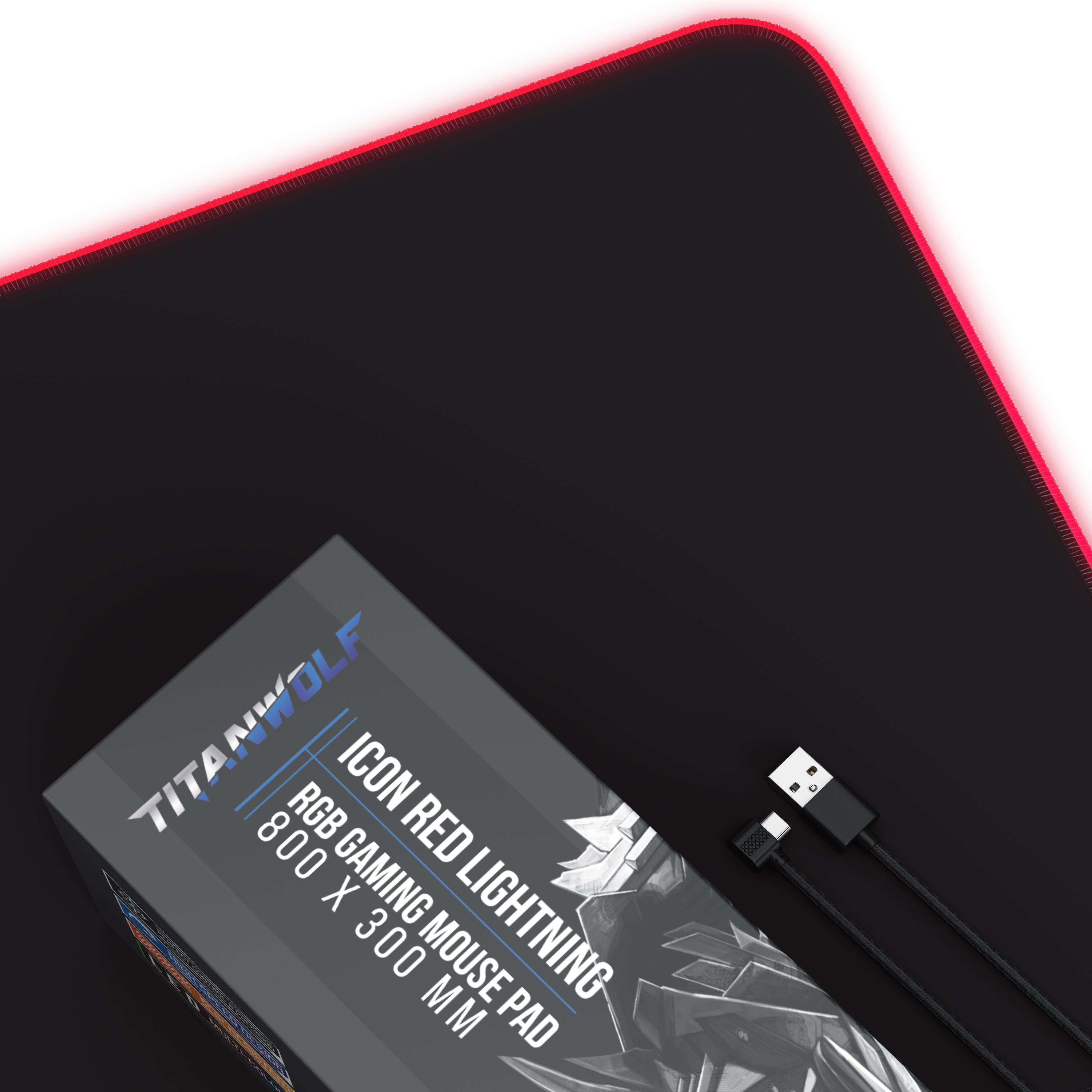 Schwarzes Gaming-Mauspad mit roten Kanten und einer Box mit Text.