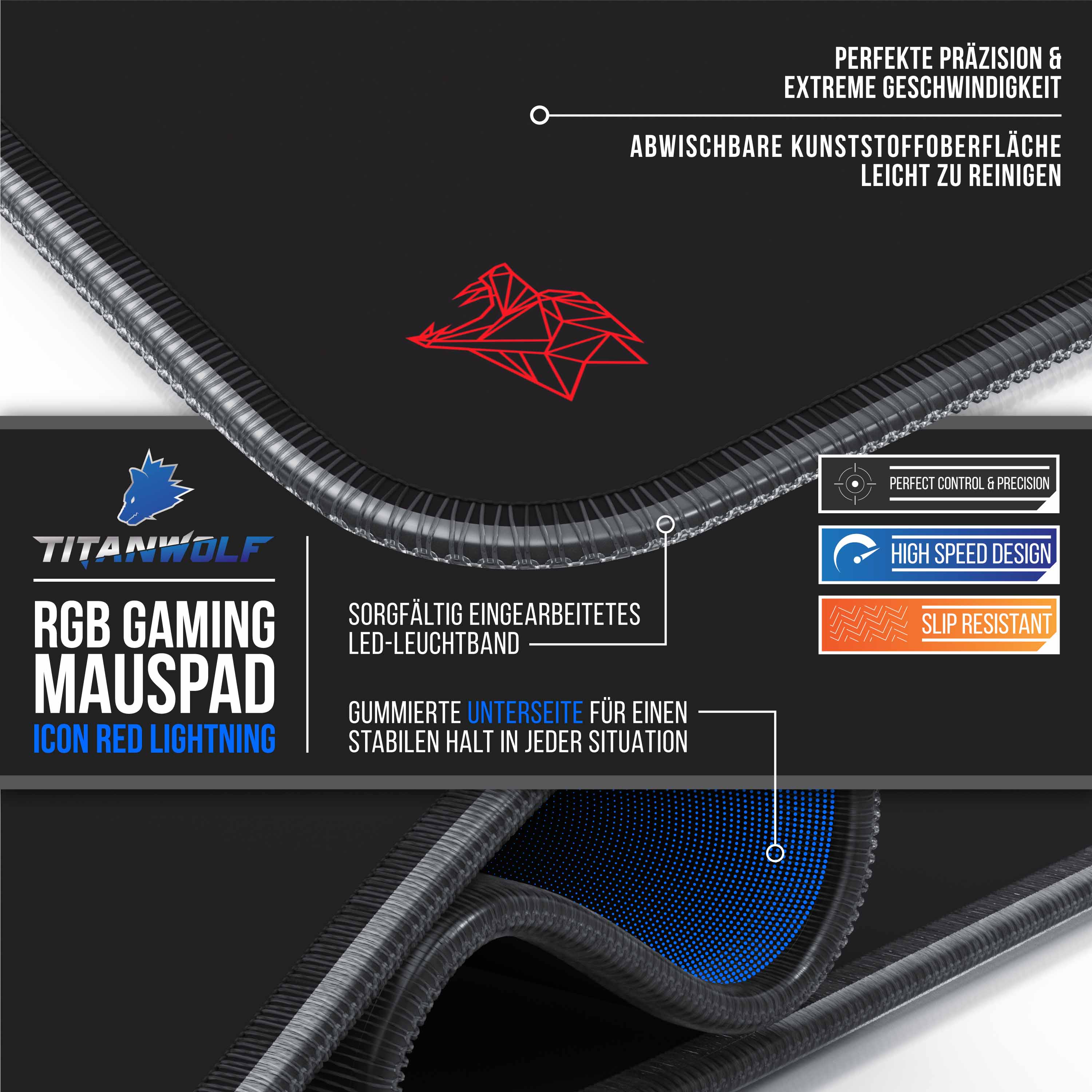 Ein schwarzes Gaming-Mauspad mit rotem Blitz-Design, Titanwolf-Logo. Merkmale hervorgehoben: Kontrolle, Geschwindigkeit.