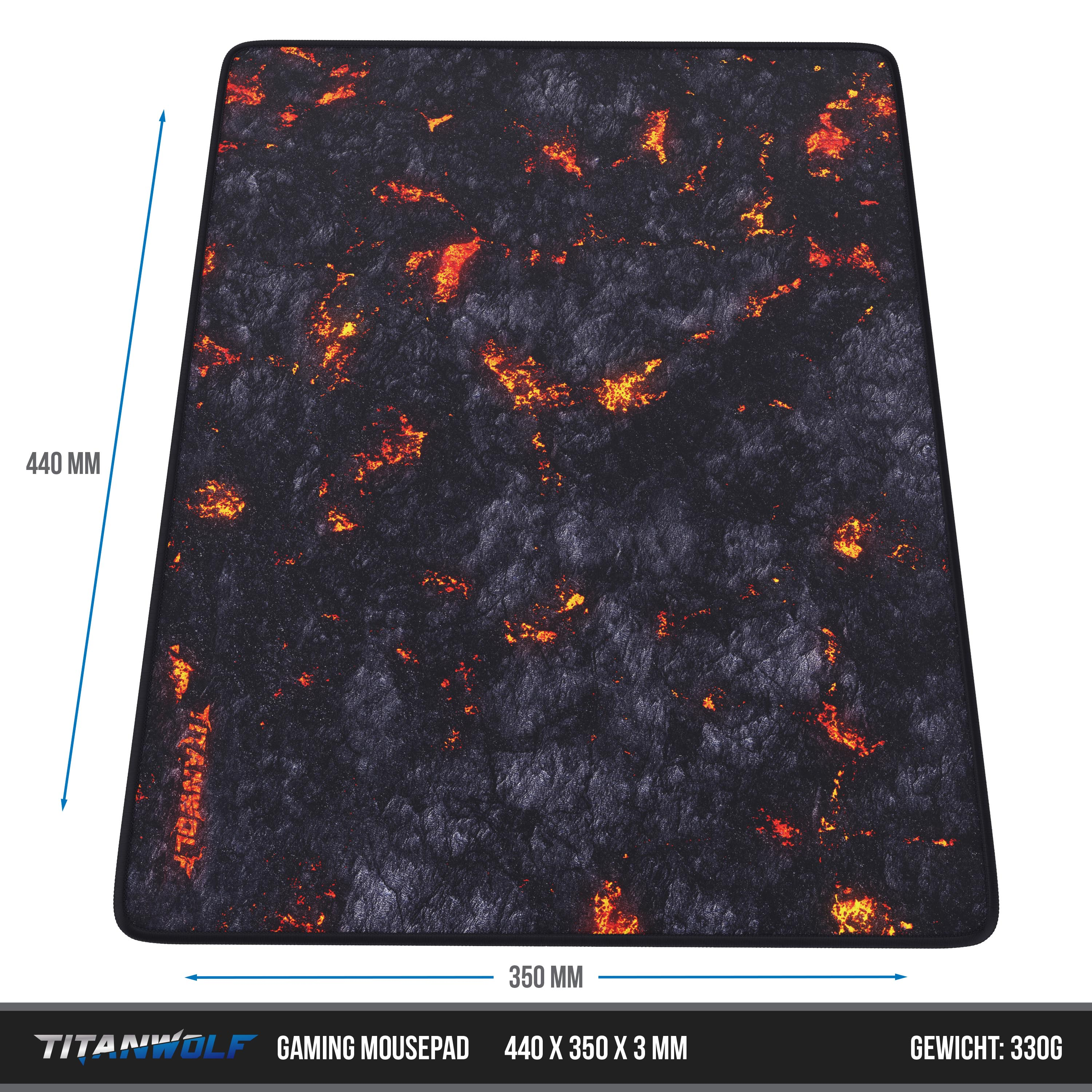 Schwarzes Gaming-Mauspad mit Lava-Textur-Design, mit Abmessungen und Gewicht.
