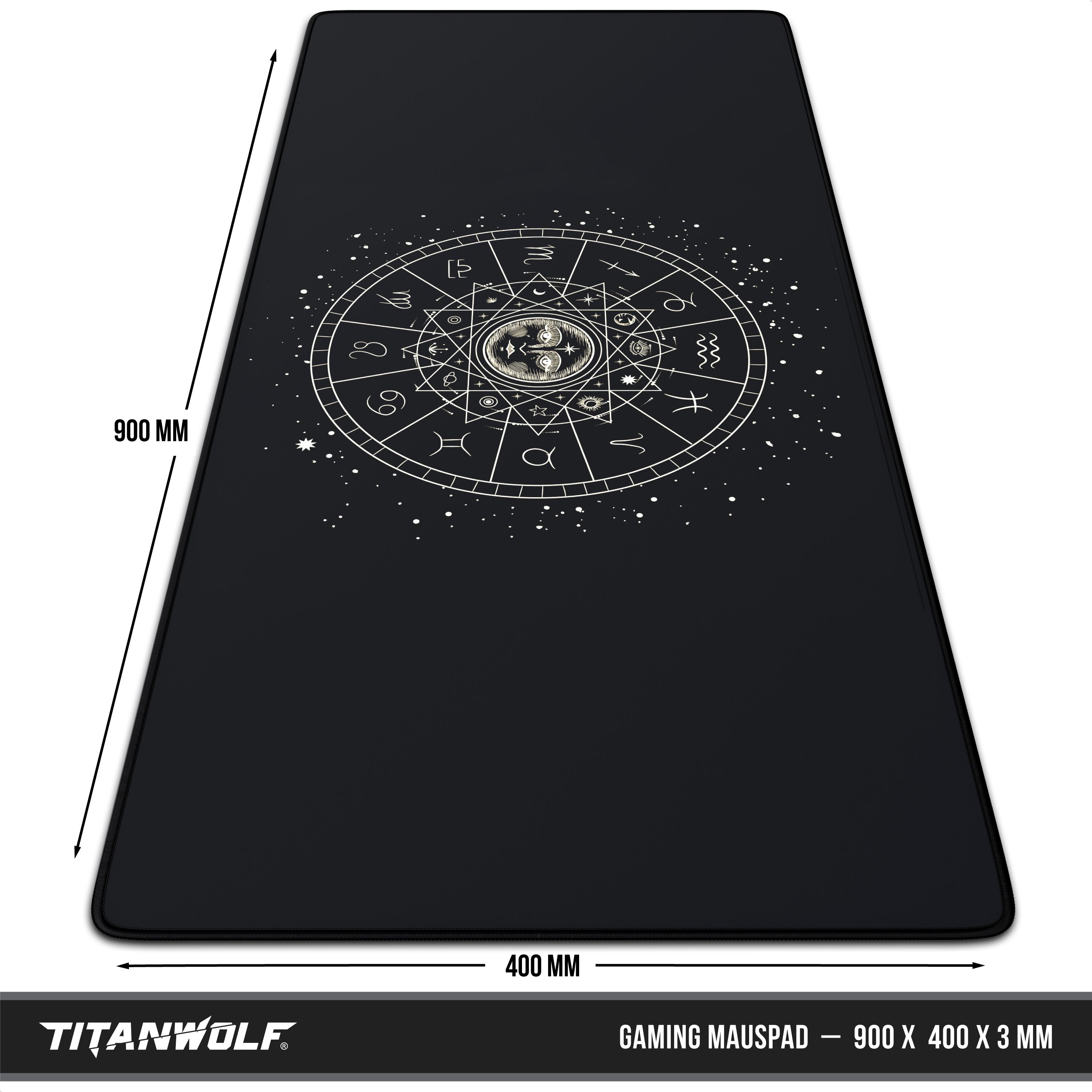 Großes schwarzes Mousepad mit Sternzeichen-Design in der Mitte und den Maßen 900x400x3 mm.