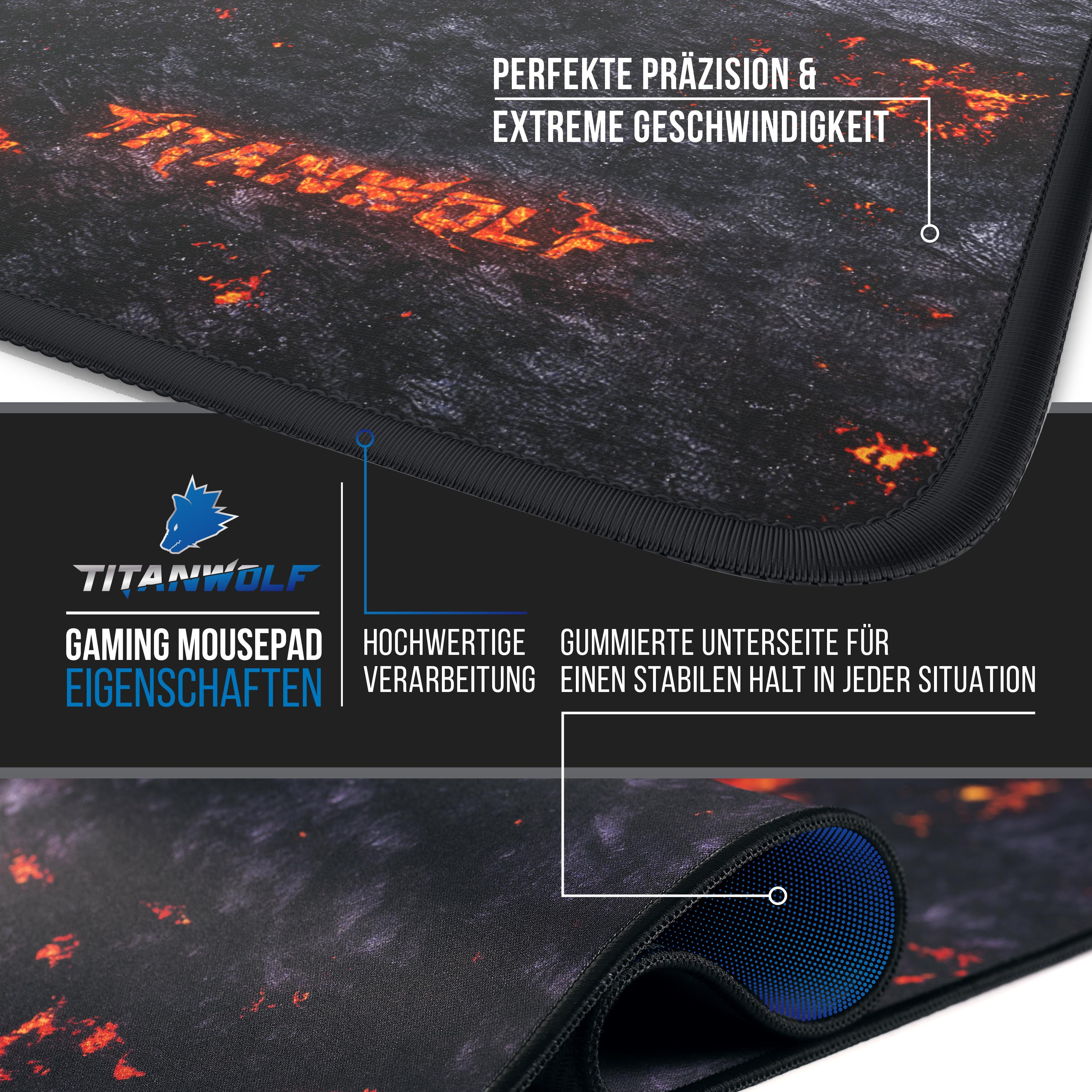 Nahaufnahme eines Gaming-Mauspads mit feurigem Design. Text: Titanwolf, Gaming-Mauspad, hochwertige Verarbeitung.