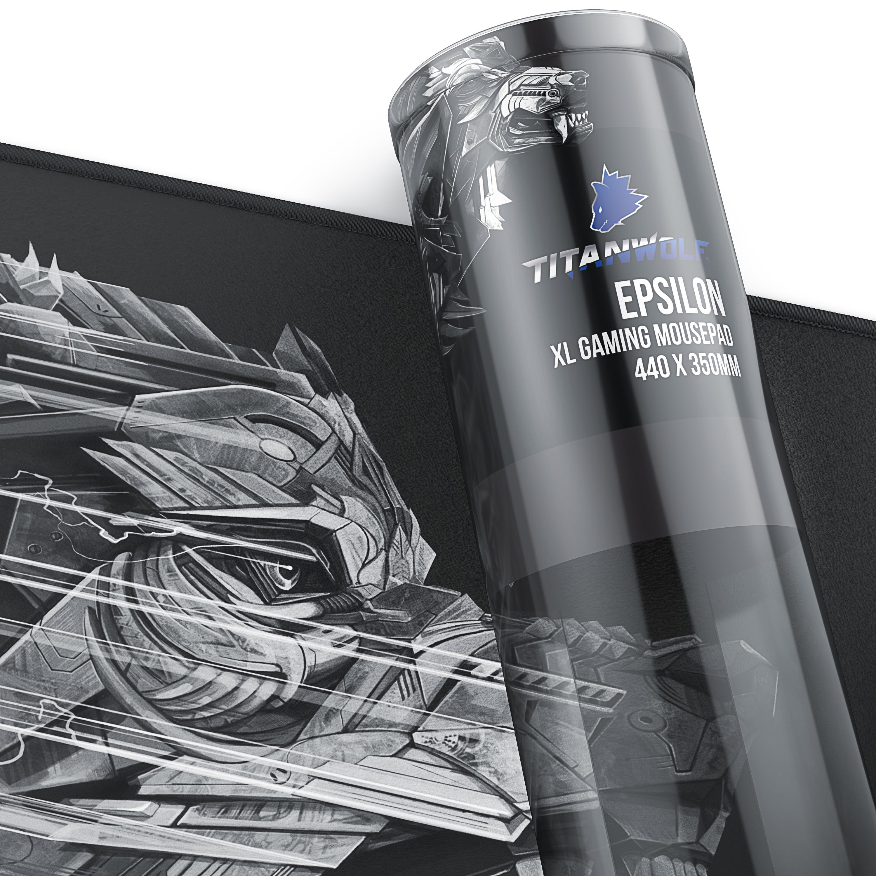 Gaming-Mauspad in zylindrischer Verpackung mit Grafik und Textdetails.