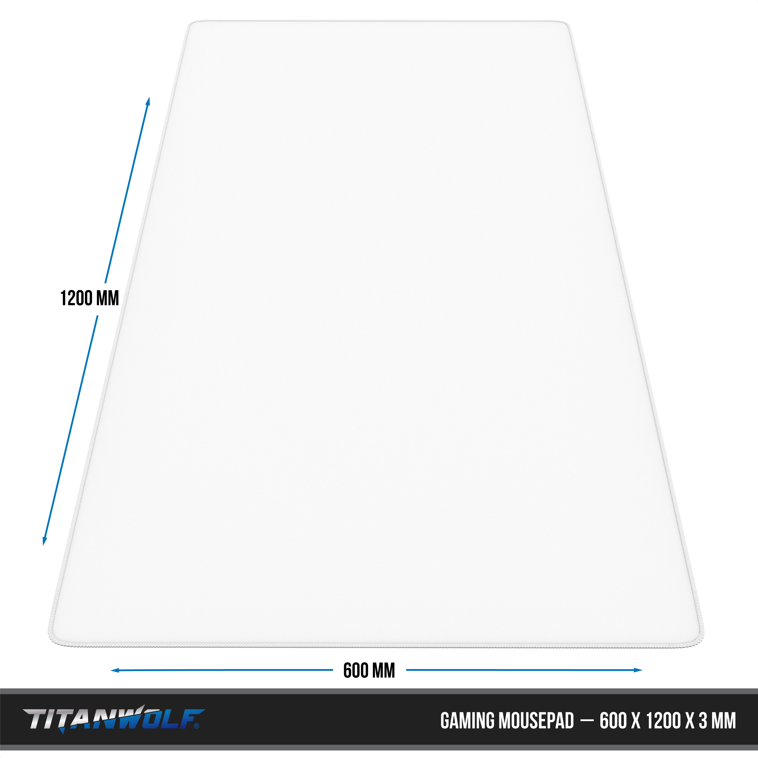 Weißes Gaming-Mauspad mit schwarzen Rändern und Abmessungen: 600x1200 mm.