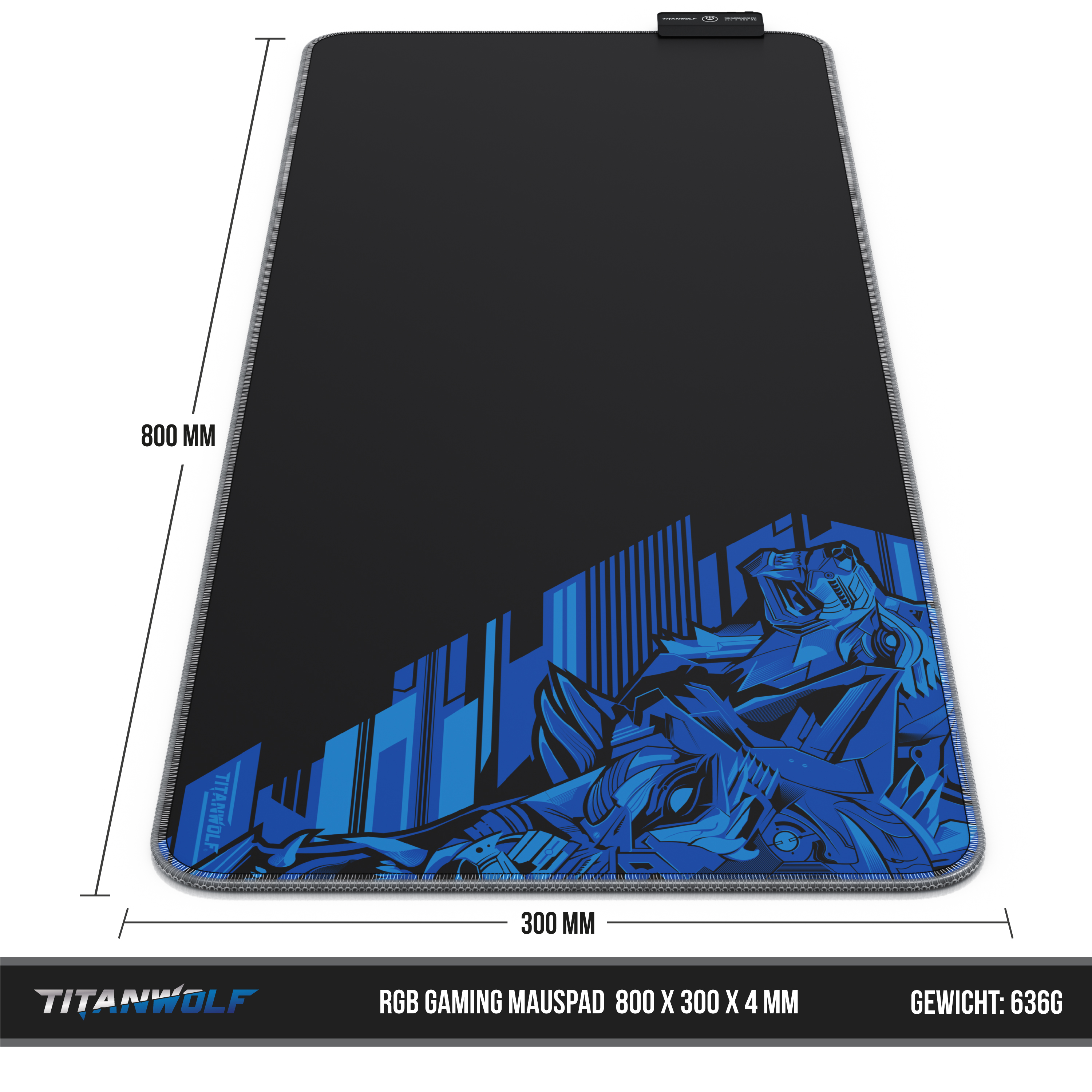 Ein großes, schwarz-blaues Mauspad mit Abmessungen und dem Titanwolf-Logo unten.