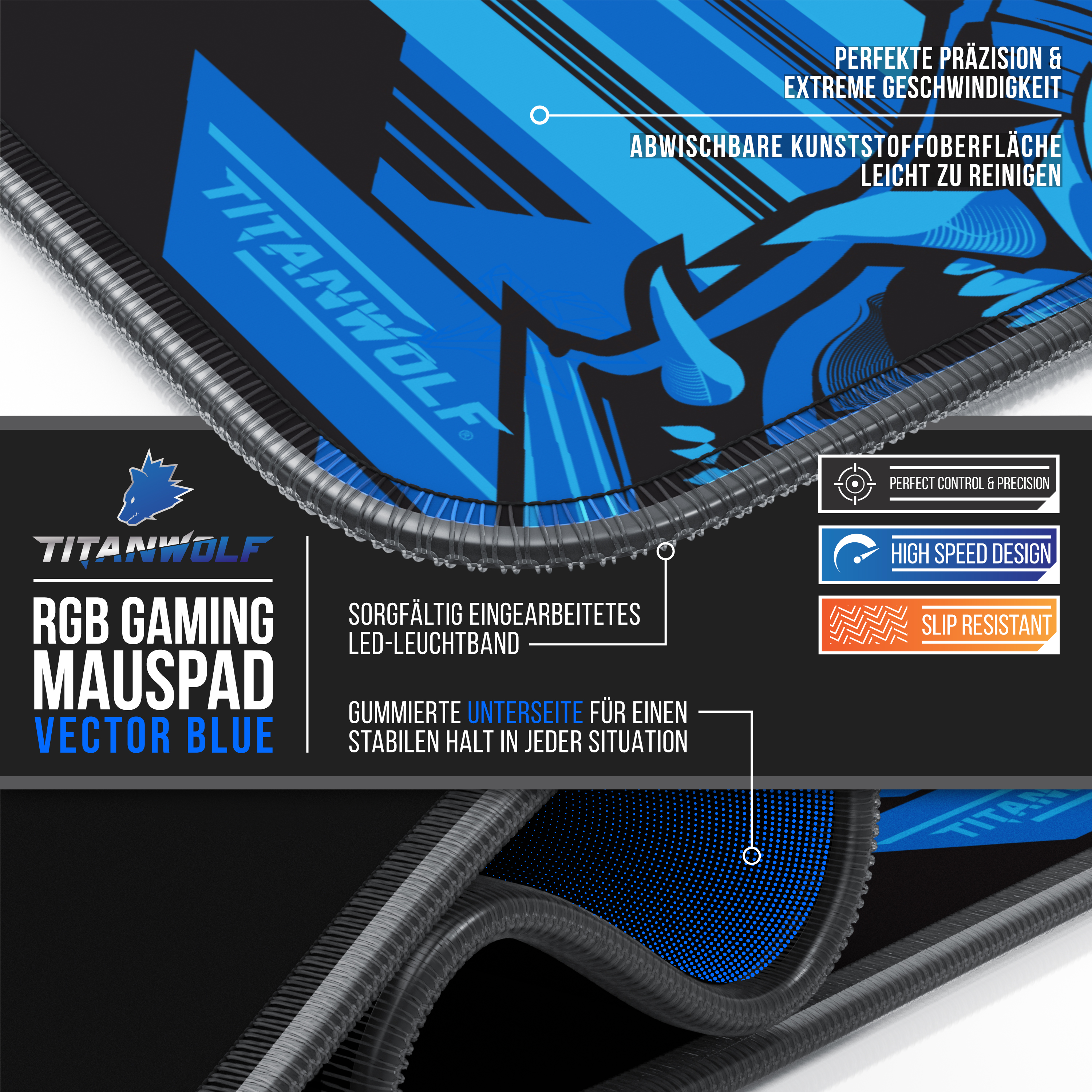 Nahaufnahme eines blauen Gaming-Mauspads mit detailliertem Design und Textbeschriftungen, die Funktionen hervorheben.