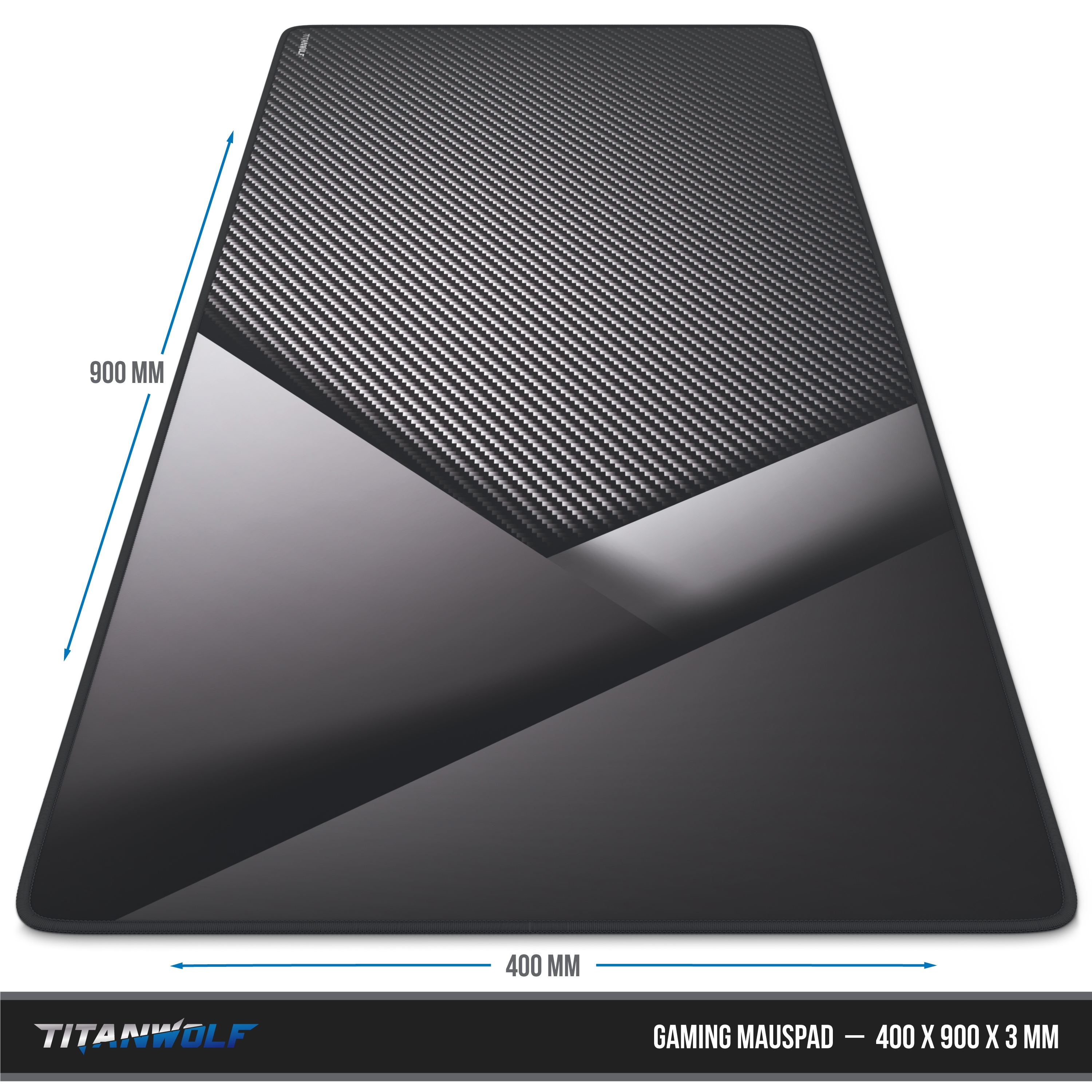 Schwarzes und graues Gaming-Mauspad, 900x400mm, Karbonfaser-Design.