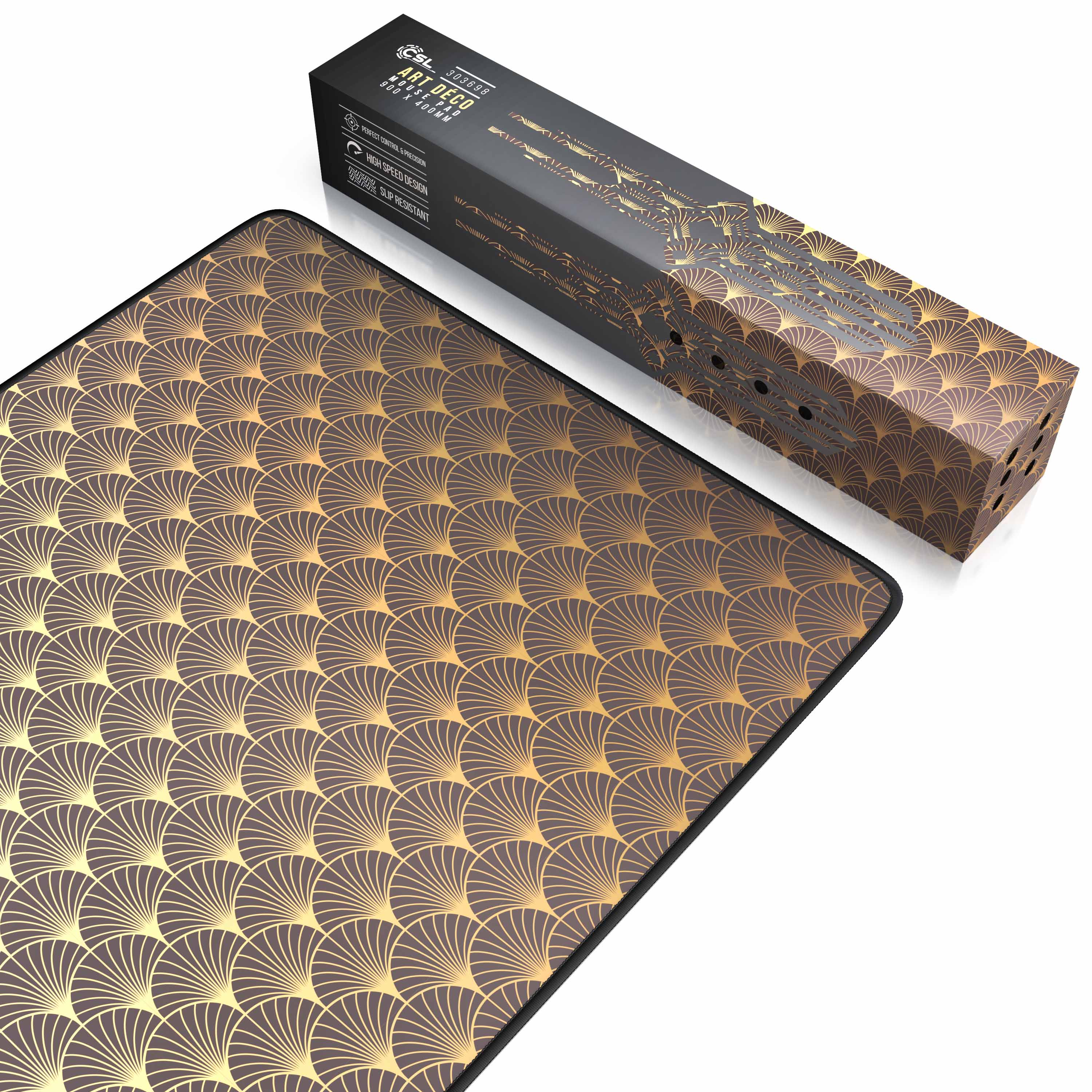 Mauspad mit goldenem Fächerdesign auf braunem Hintergrund. Box mit passendem Design liegt daneben.
