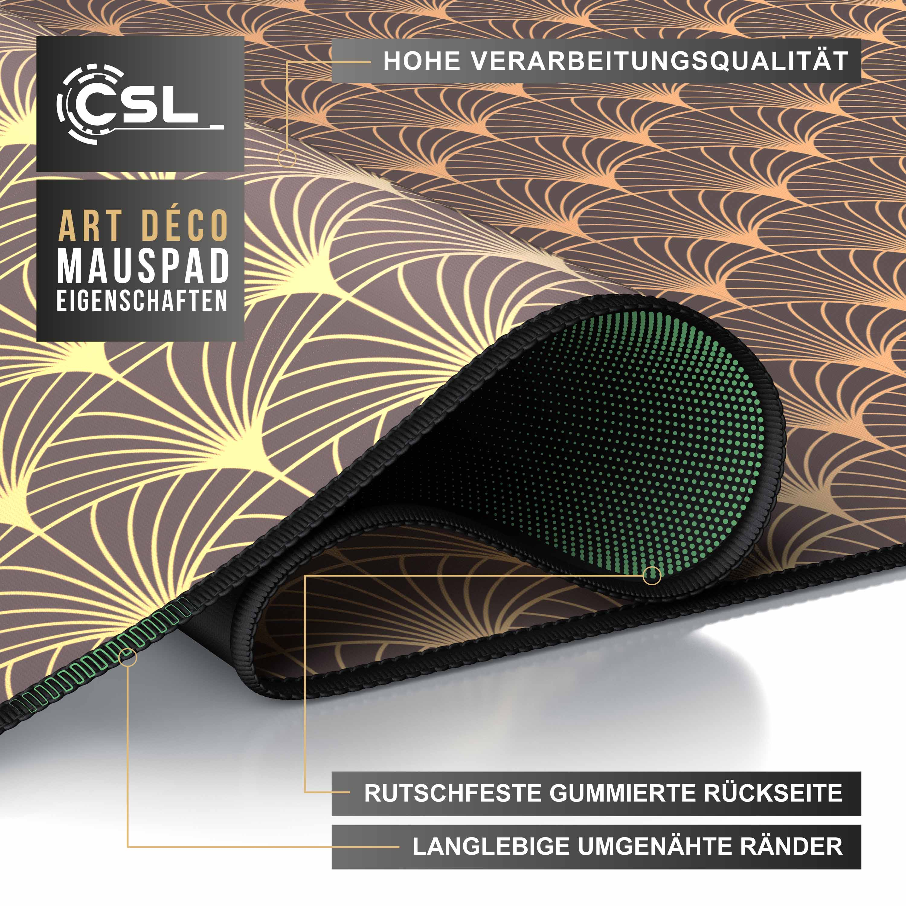 Art-Déco-Mousepad mit braunem und goldenem Muster, aufgerollt, mit Textlabels an der Seite.