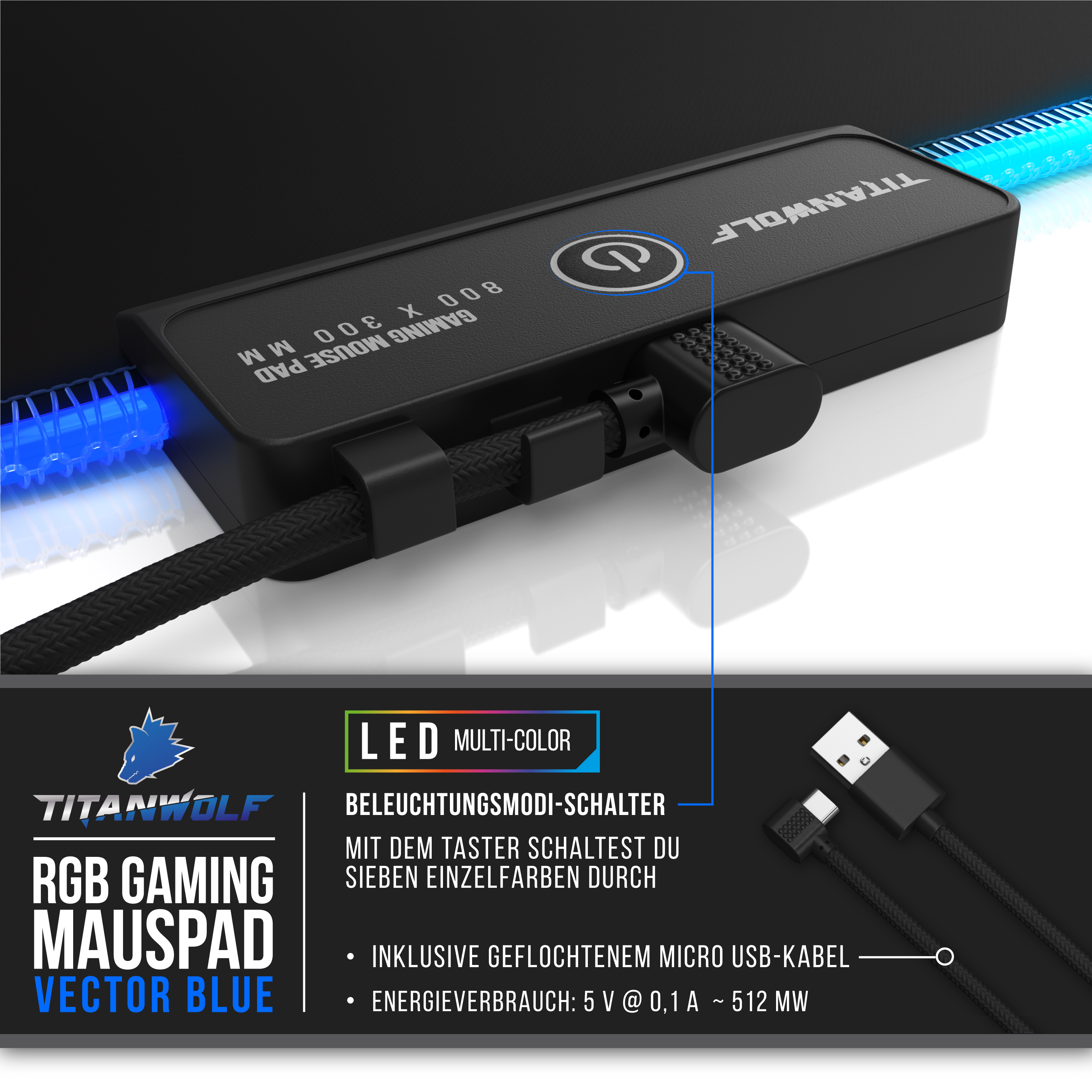 Ein schwarzes Gaming-Mauspad mit farbenfrohem Design und Kabeln. Der Text auf dem Pad lautet „TITANWOLF RGB GAMING MOUSEPAD“.