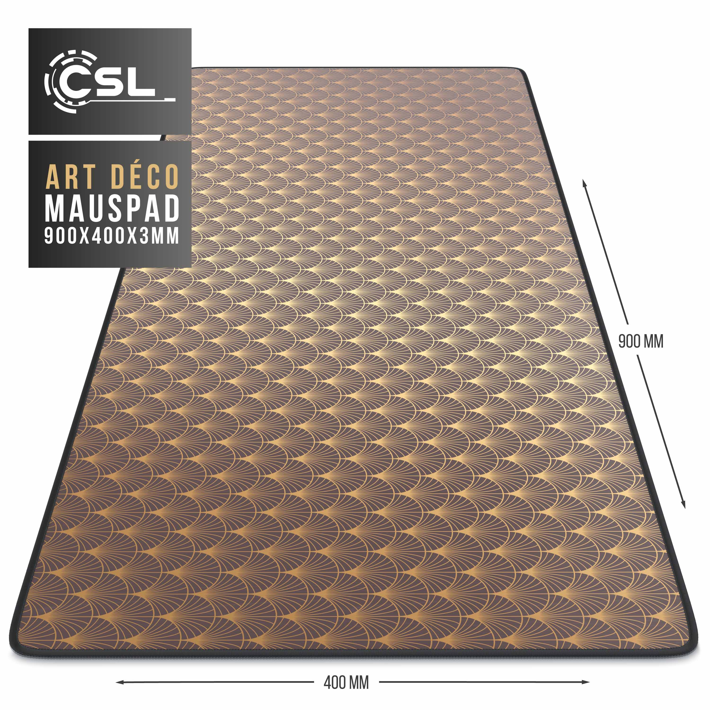 Braunes Mauspad mit goldenem Art-Déco-Muster und den Maßen 900x400x3 mm, schwarzer Rand.