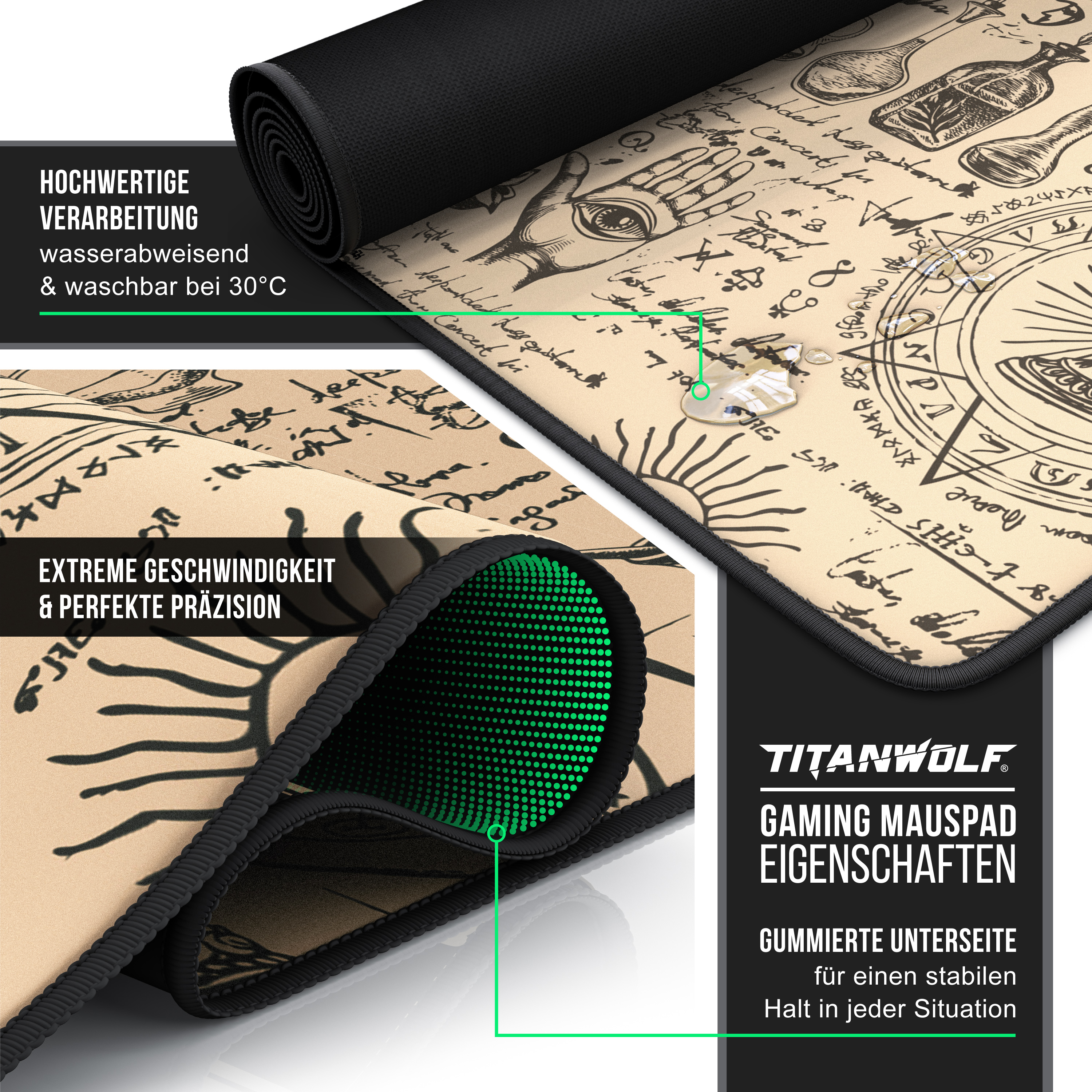 Ein Gaming-Mauspad mit detaillierter Oberfläche, das Text und ein Sonnendesign zeigt. Ein Wassertropfen ist sichtbar.