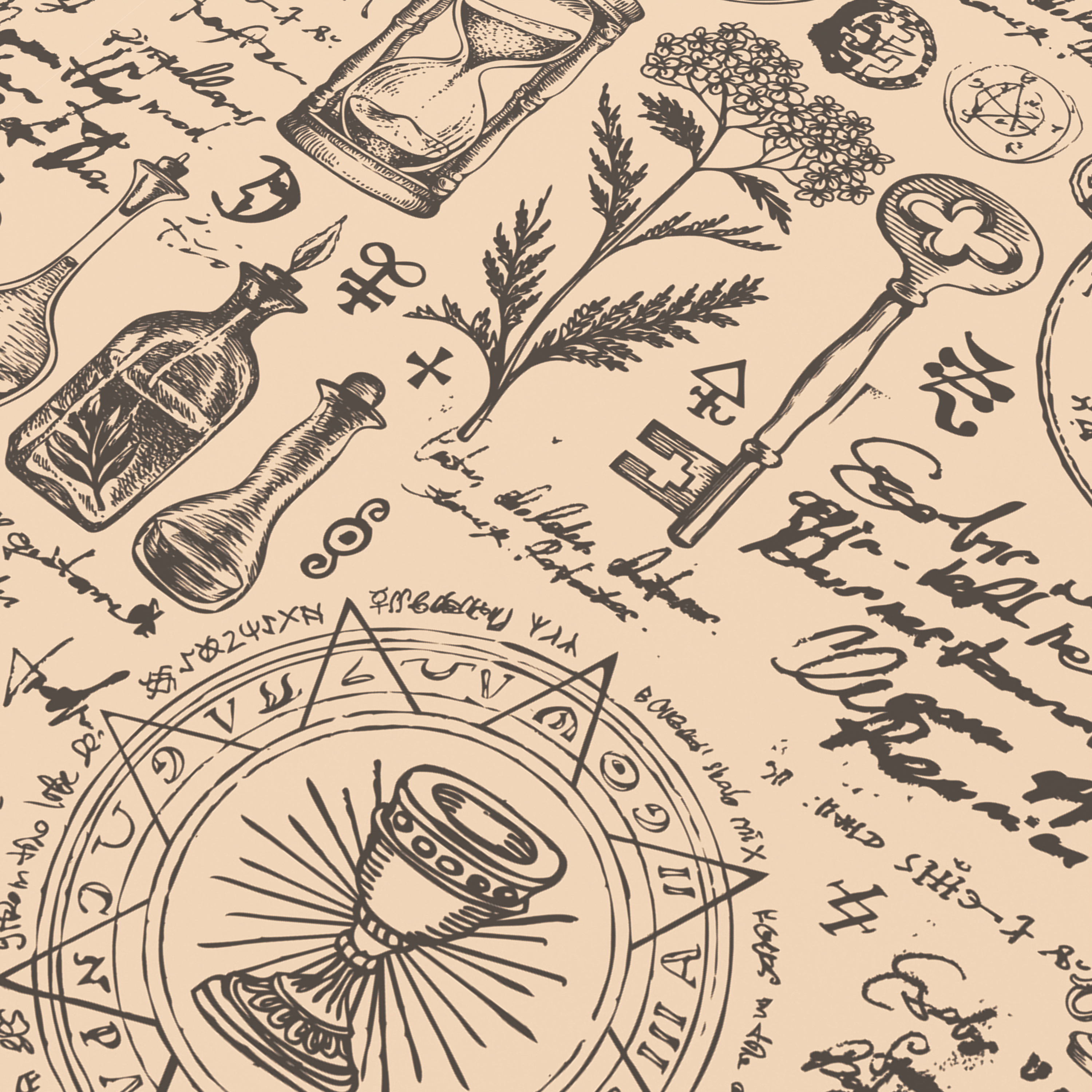 Detaillierte okkulte Illustration mit Symbolen, Text, Flaschen, Schlüsseln und einem Kelch auf Pergament.