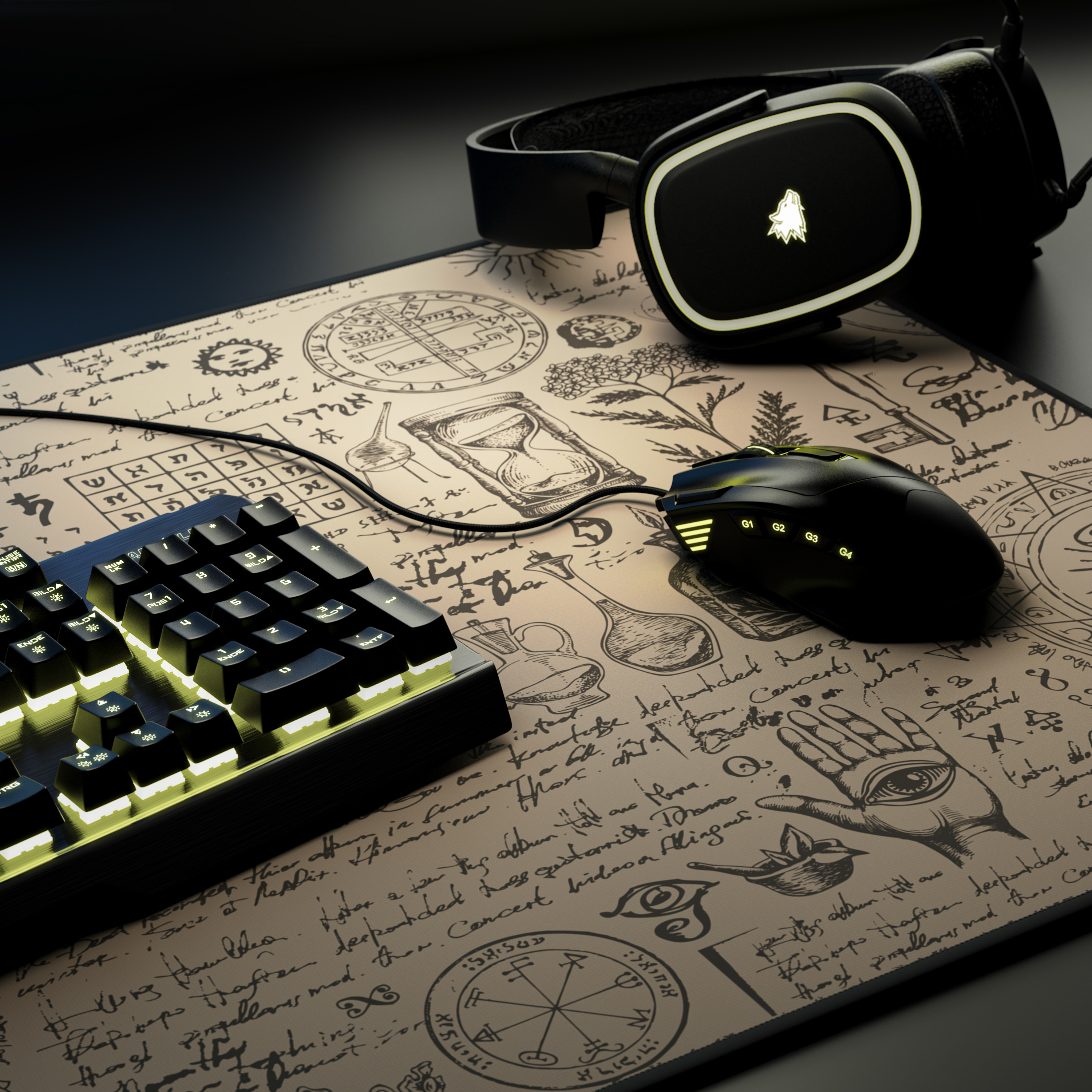 Gaming-Setup mit Tastatur, Maus und Headset auf einem Mauspad im Pergamentstil. Mystische Symbole vorhanden.