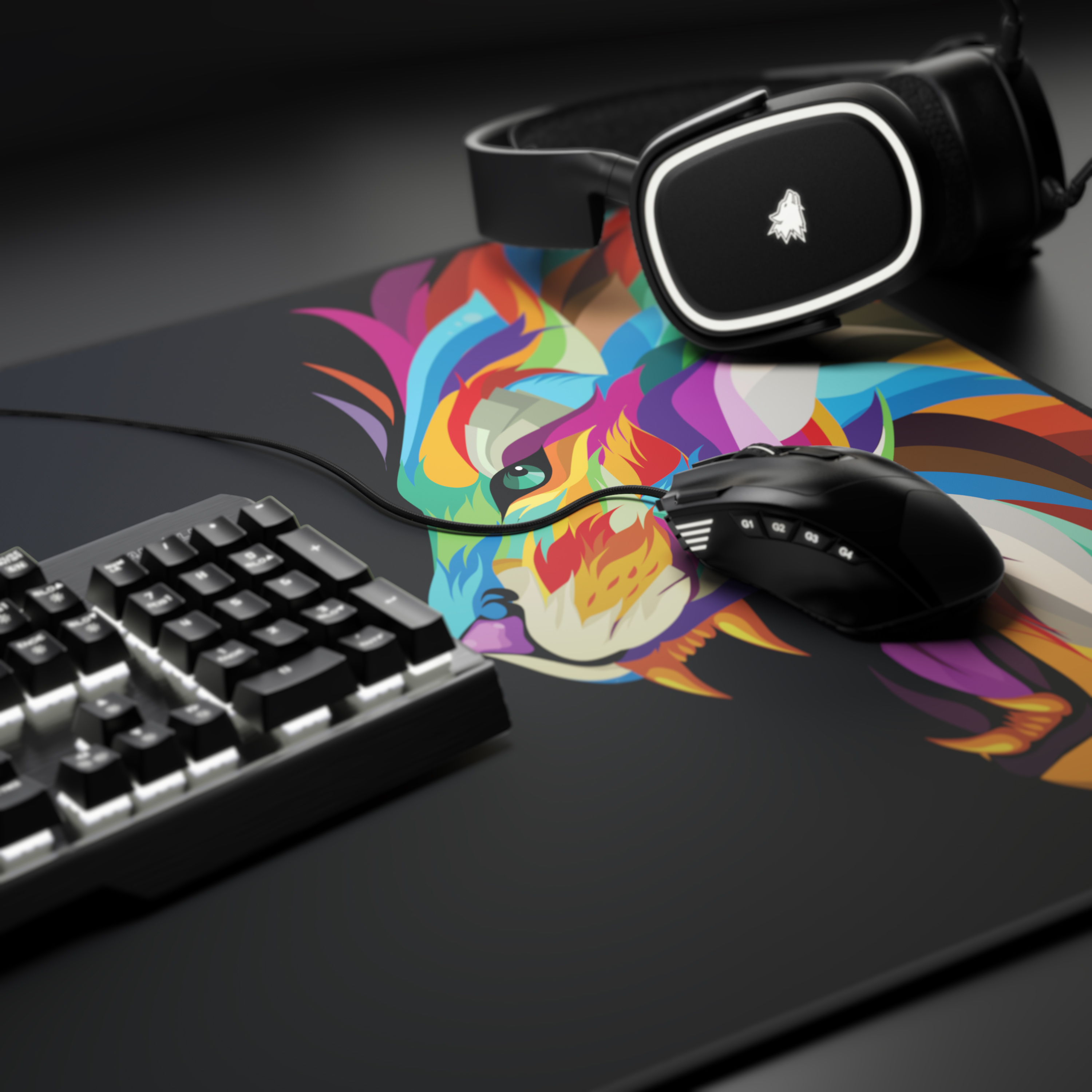 Ein Mauspad mit buntem Löwen-Design. Tastatur, Maus und Kopfhörer liegen darauf.