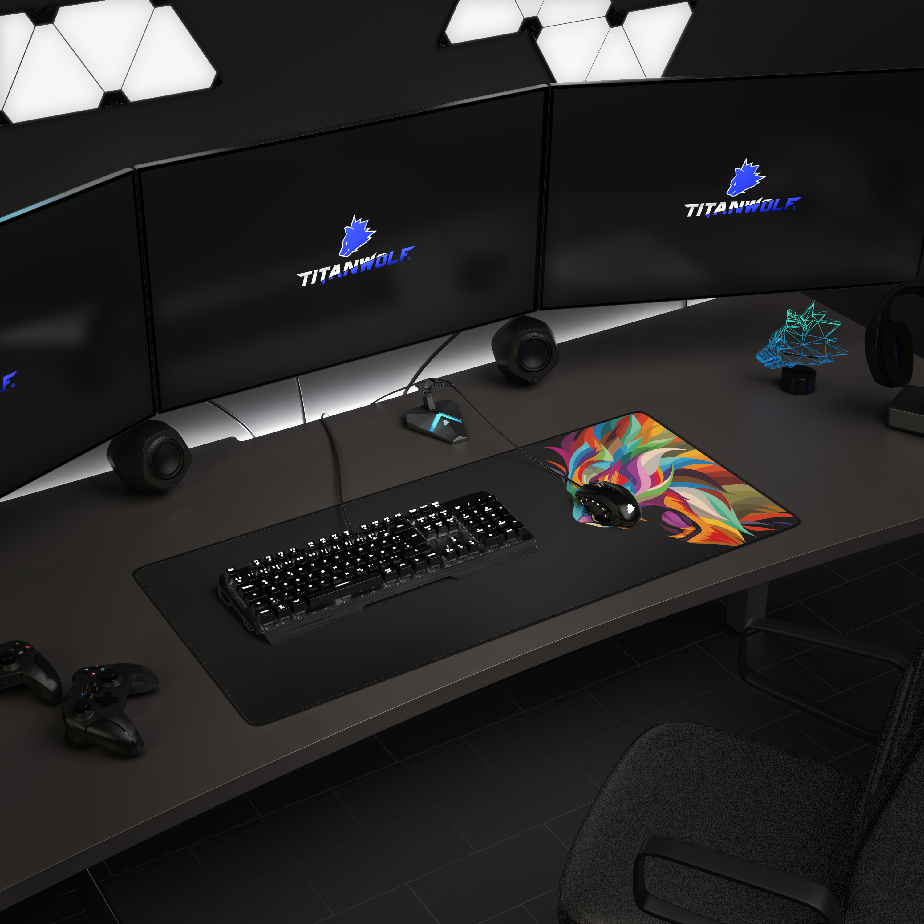 Gaming-Schreibtisch-Setup mit mehreren Monitoren, Tastatur, Maus und Lautsprechern.