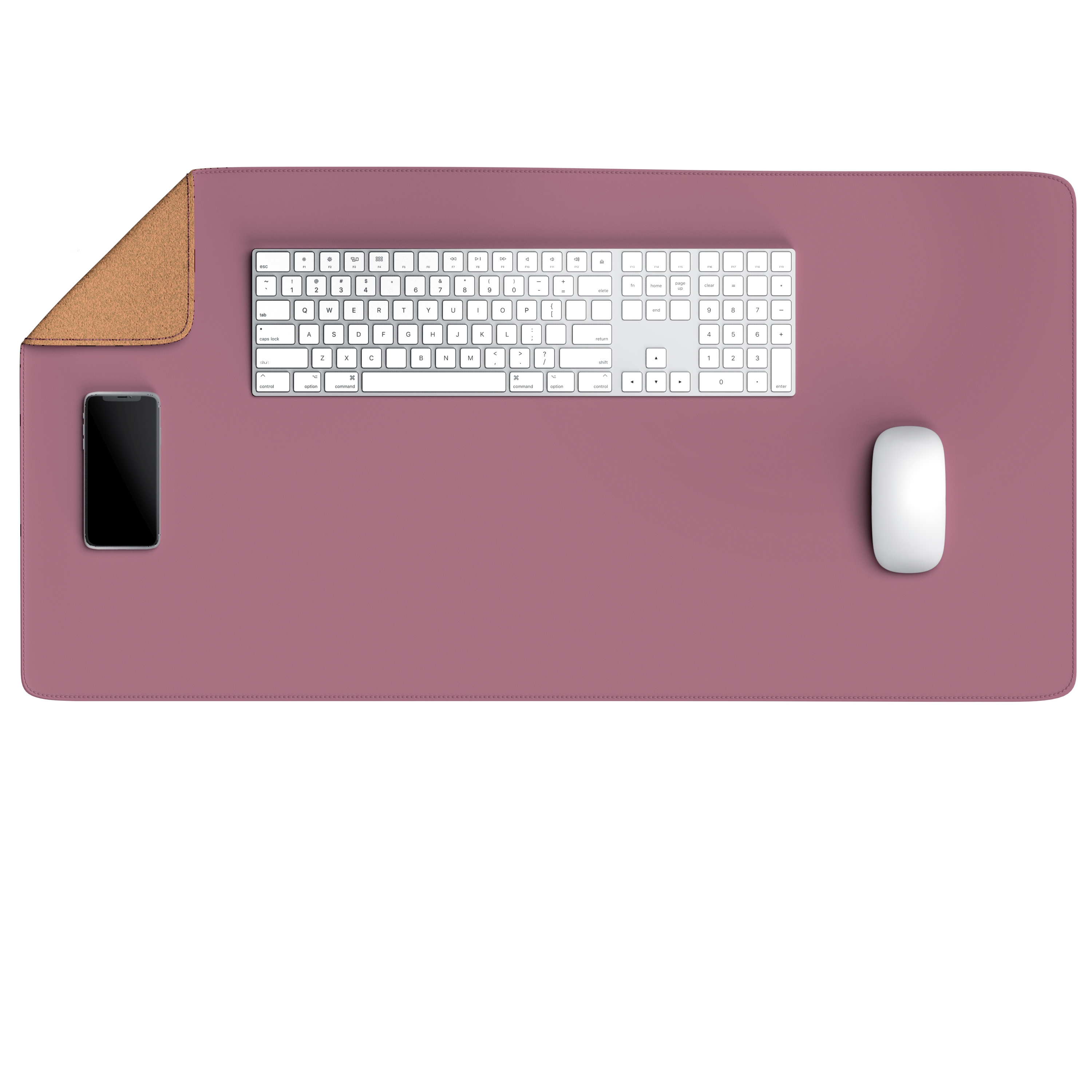 Schreibtischunterlage mit Telefon und Tastatur. Die Farbe ist rosa und der Rand ist braun.